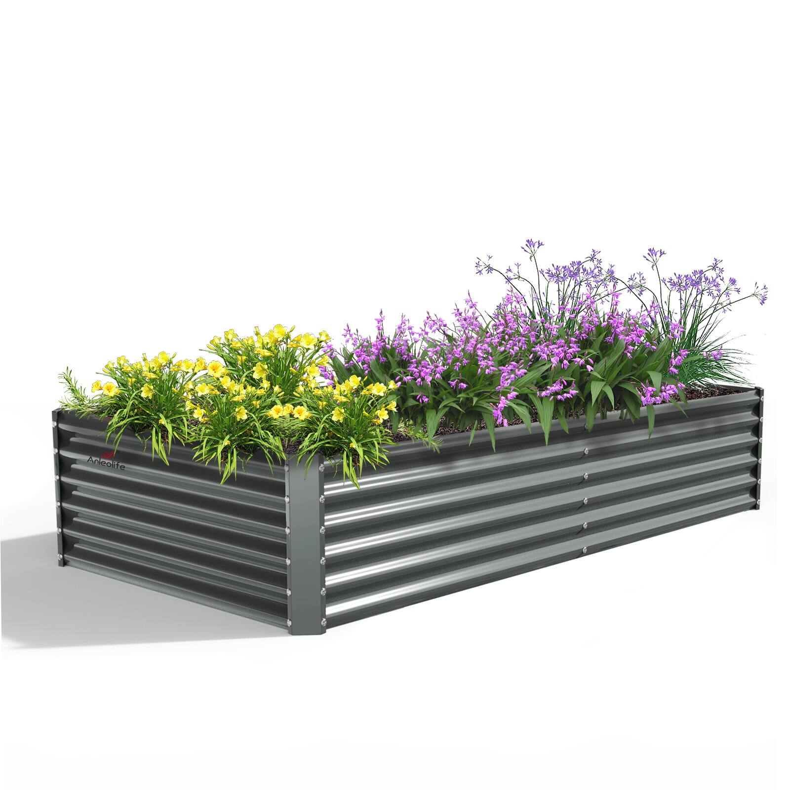 Front. A Anleolife - Metal Rectangular Raised Garden Bed Planter Boxes for Vegetables Flowers Herbs (96 in. L x 48in. W x 18 in. H) - Gray.