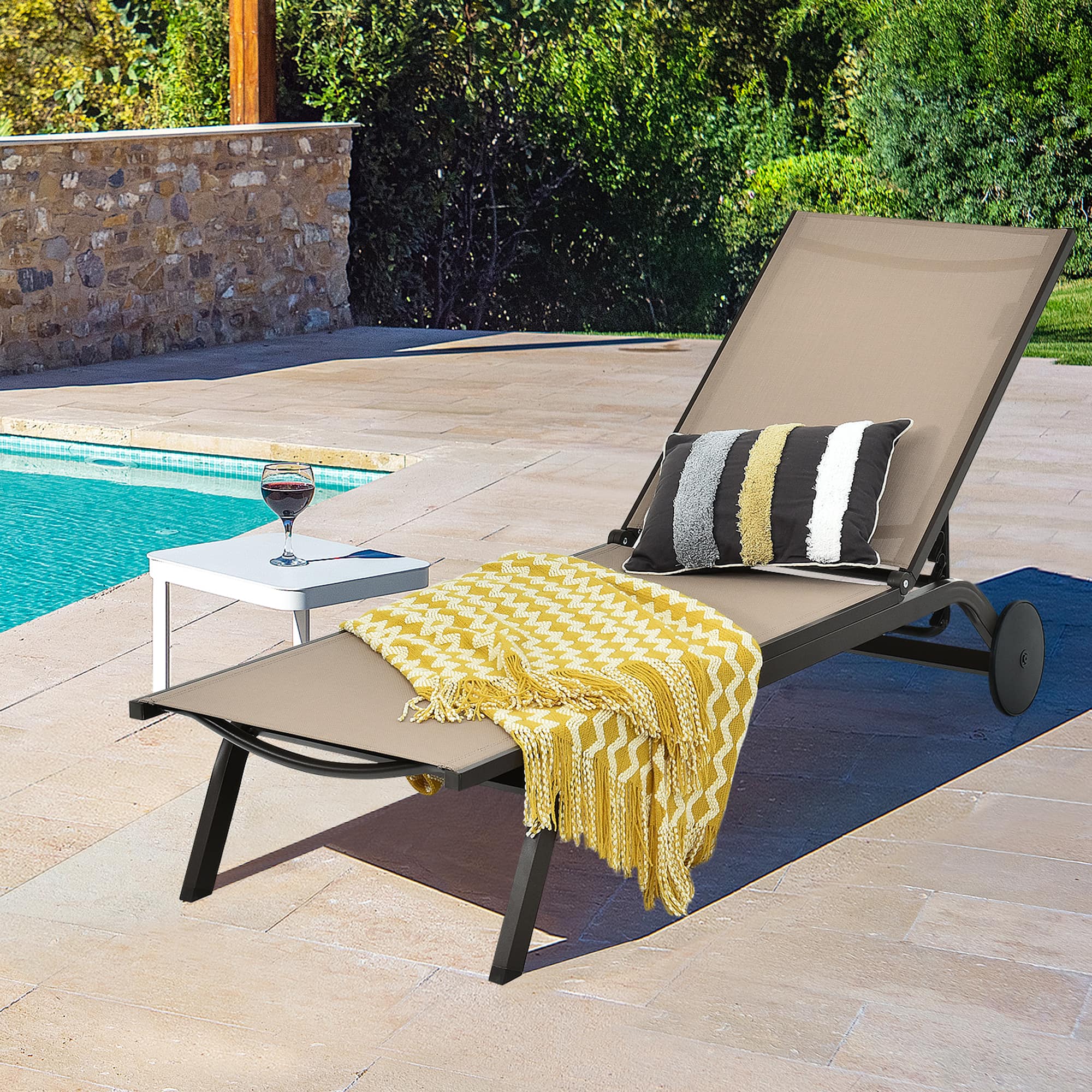 Gymax - Patio Chaise Lounge Chair Aluminum Adjustable Recliner w/ Wheels - Brown price history on PriceWatchPro