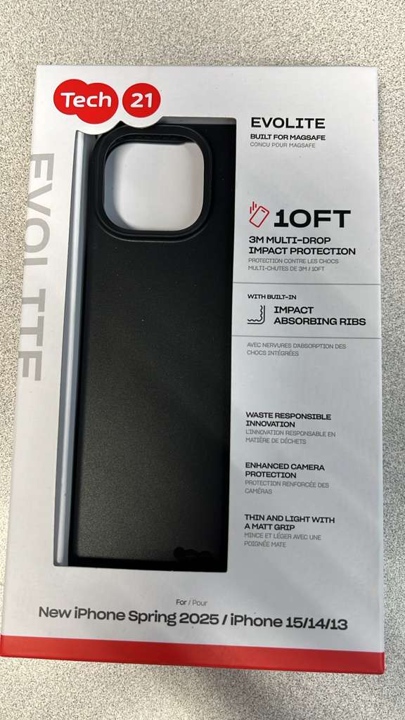 Tech 21 EVOlite Built for MagSafe  
10ft 3M Multi-Drop Impact Protection  
With Built-in Impact Absorbing Ribs  
Waste Responsible Innovation  
Enhanced Camera Protection  
Thin and Light with a Matt Grip  
For New iPhone Spring 2025 / iPhone 15/14/13