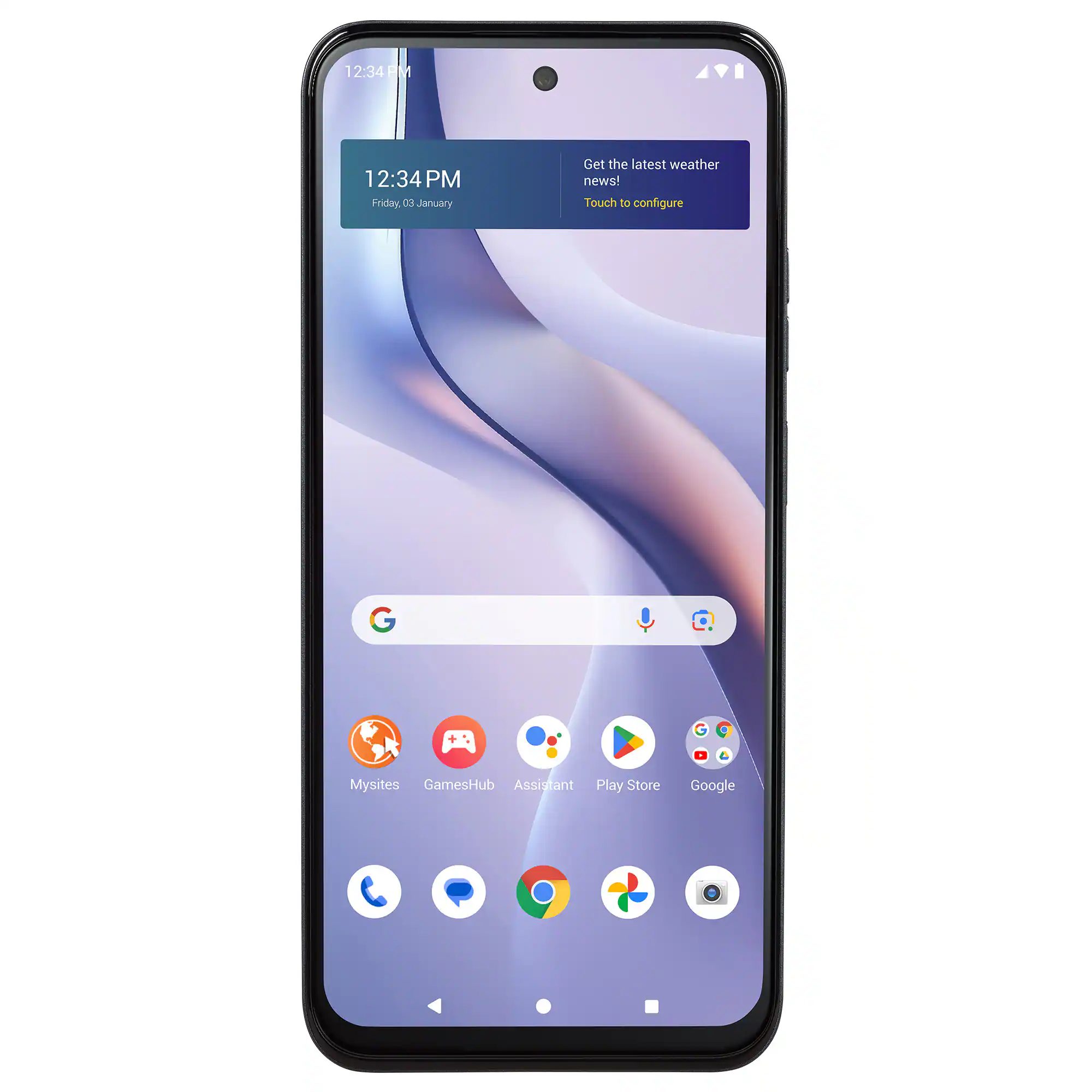 12:34 PM  
Friday, 03 January  

Get the latest weather news!  
Touch to configure  

Mysites  
GamesHub  
Assistant  
Play Store  
Google