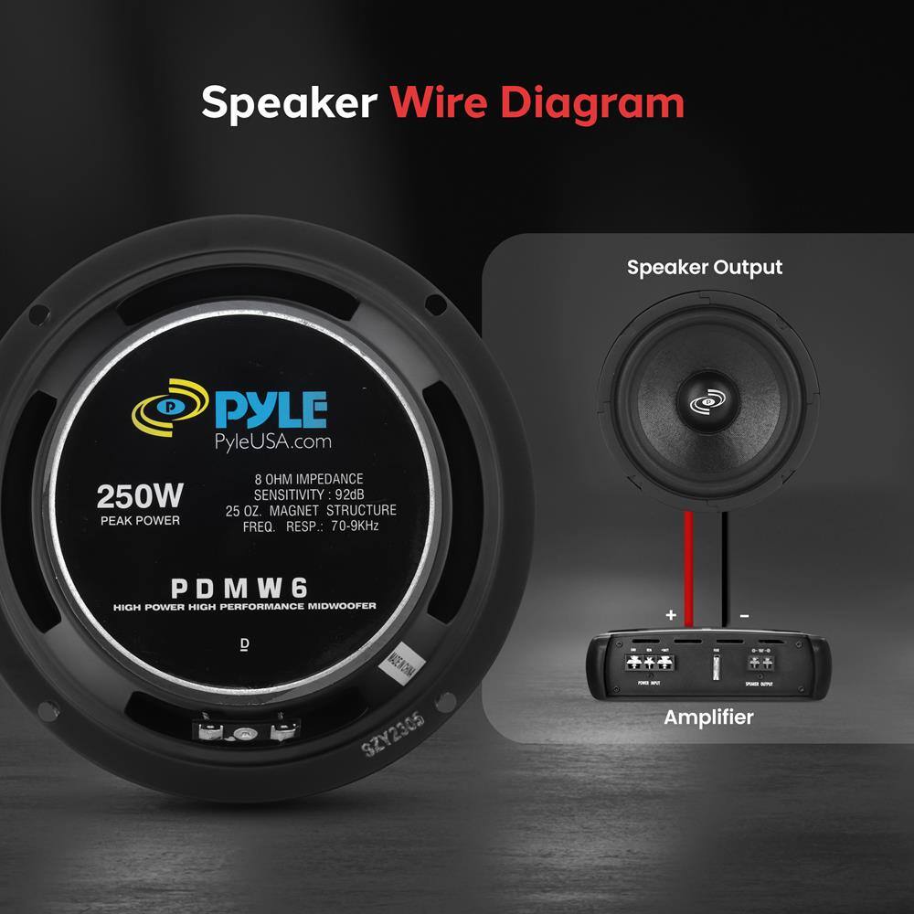 Speaker Wire Diagram

Speaker Output

PYLE
PyleUSA.com

250W PEAK POWER
8 OHM IMPEDANCE
SENSITIVITY: 92dB
25 OZ. MAGNET STRUCTURE
FREQ. RESP.: 70-9KHz
PDMW6
HIGH POWER HIGH PERFORMANCE MIDWOOFER

Amplifier

Speaker Output

PYLE
PyleUSA.com

250W PEAK POWER
8 OHM IMPEDANCE
SENSITIVITY: 92dB
25 OZ. MAGNET STRUCTURE
FREQ. RESP.: 70-9KHz
PDMW6
HIGH POWER HIGH PERFORMANCE MIDWOOFER

Amplifier