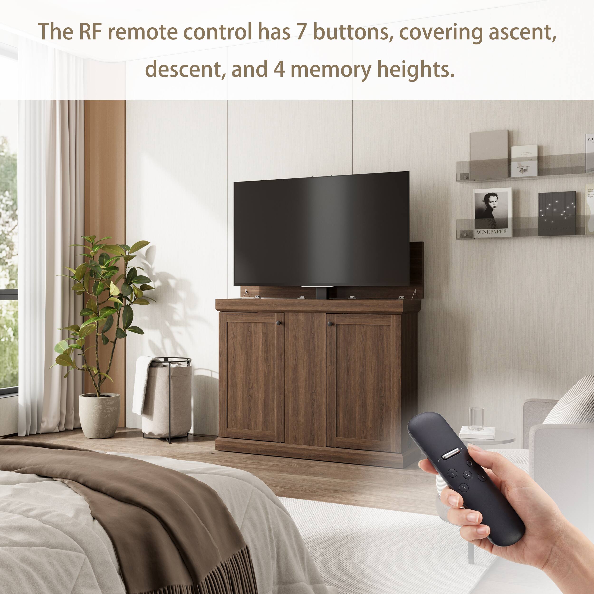 The RF remote control has 7 buttons, covering ascent, descent, and 4 memory heights.