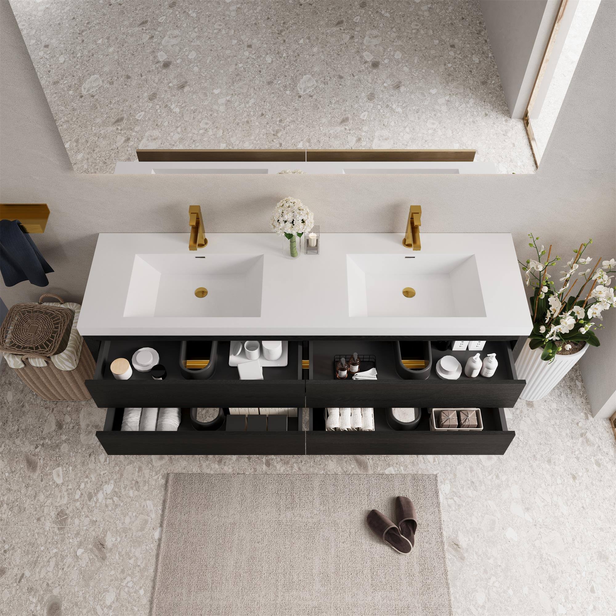 Alt View 3. Boyel Living - 72In Wall-Mounted Bathroom Vanity Double Sinks Espresso Stone Resin Countertop Soft Close Drawers - Espresso.