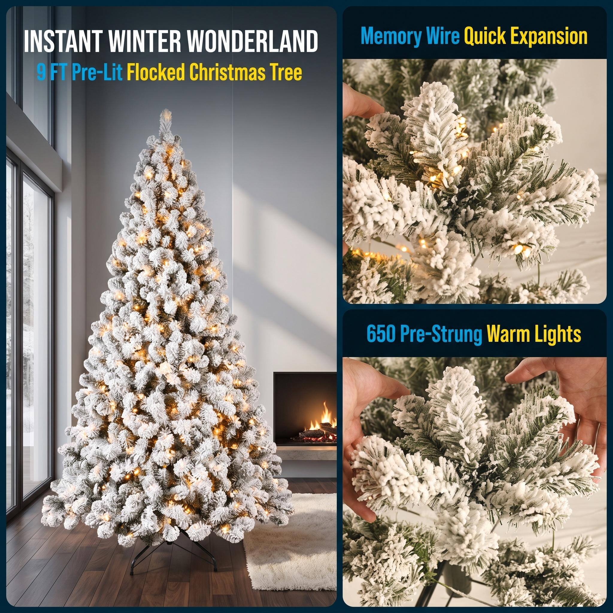 INSTANT WINTER WONDERLAND  
9 FT Pre-Lit Flocked Christmas Tree

Memory Wire Quick Expansion

650 Pre-Strung Warm Lights