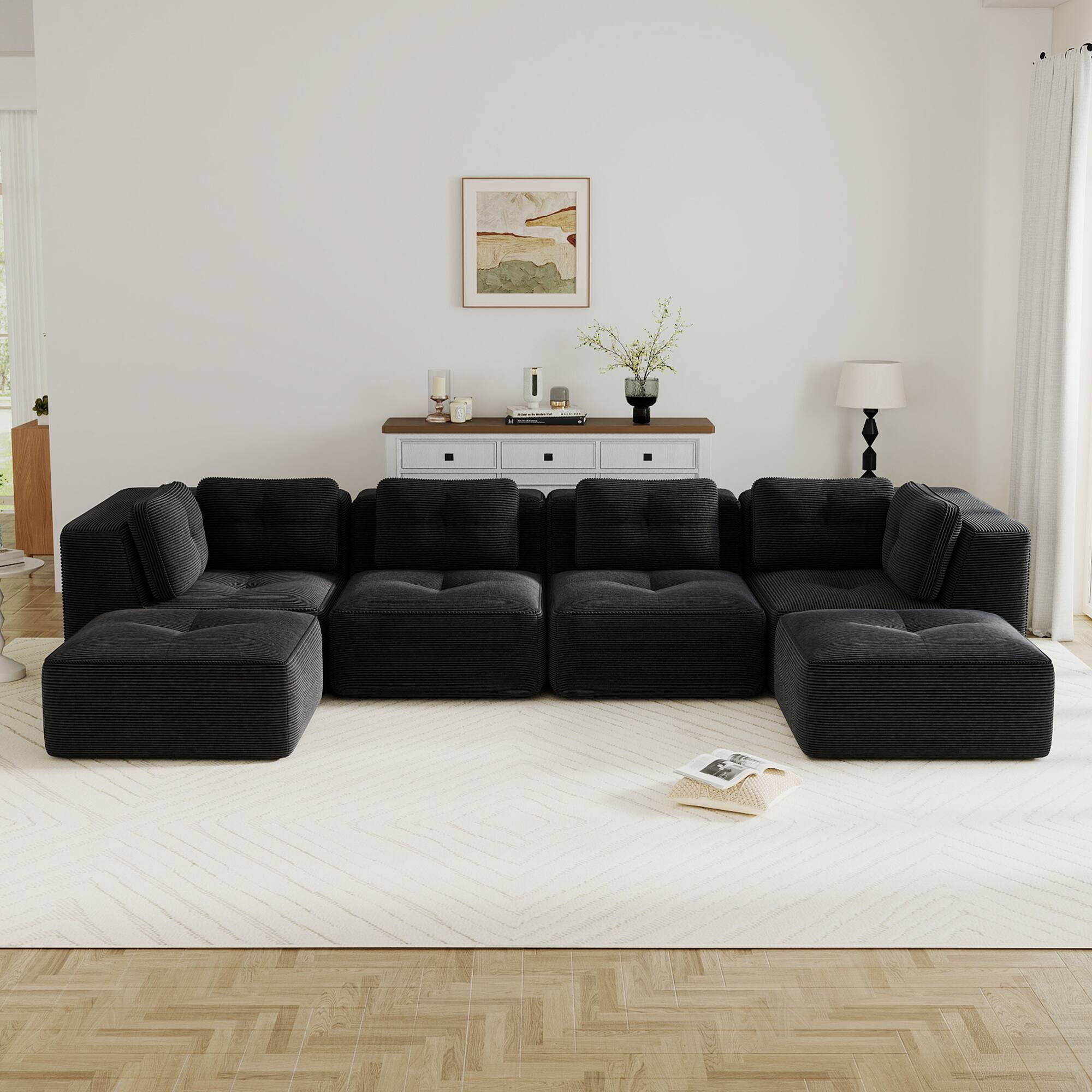 Left. LOVMOR - 4 Seater Corduroy Sectional Couch U Shaped Modular Deep Seat Storage Ottoman No Assembly Tufted For Soft TV XL - Black.