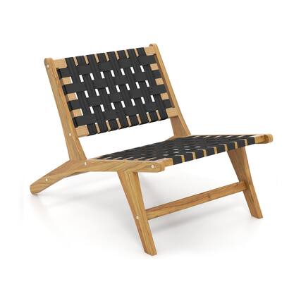 Front. Sugift - Indoor Patio Teak Wooden Chair with Woven Webbing Seat and Backrest - Black.