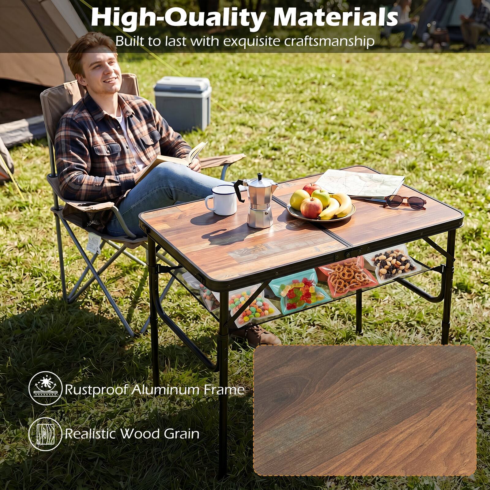 High-Quality Materials  
Built to last with exquisite craftsmanship  

Rustproof Aluminum Frame  
Realistic Wood Grain