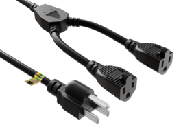 Cable Leader - Power Cord Splitter NEMA 5-15P to 2x NEMA 5-15R Dual Outlet Y Cable 14 AWG 15A 125V SJT Heavy Duty - Black