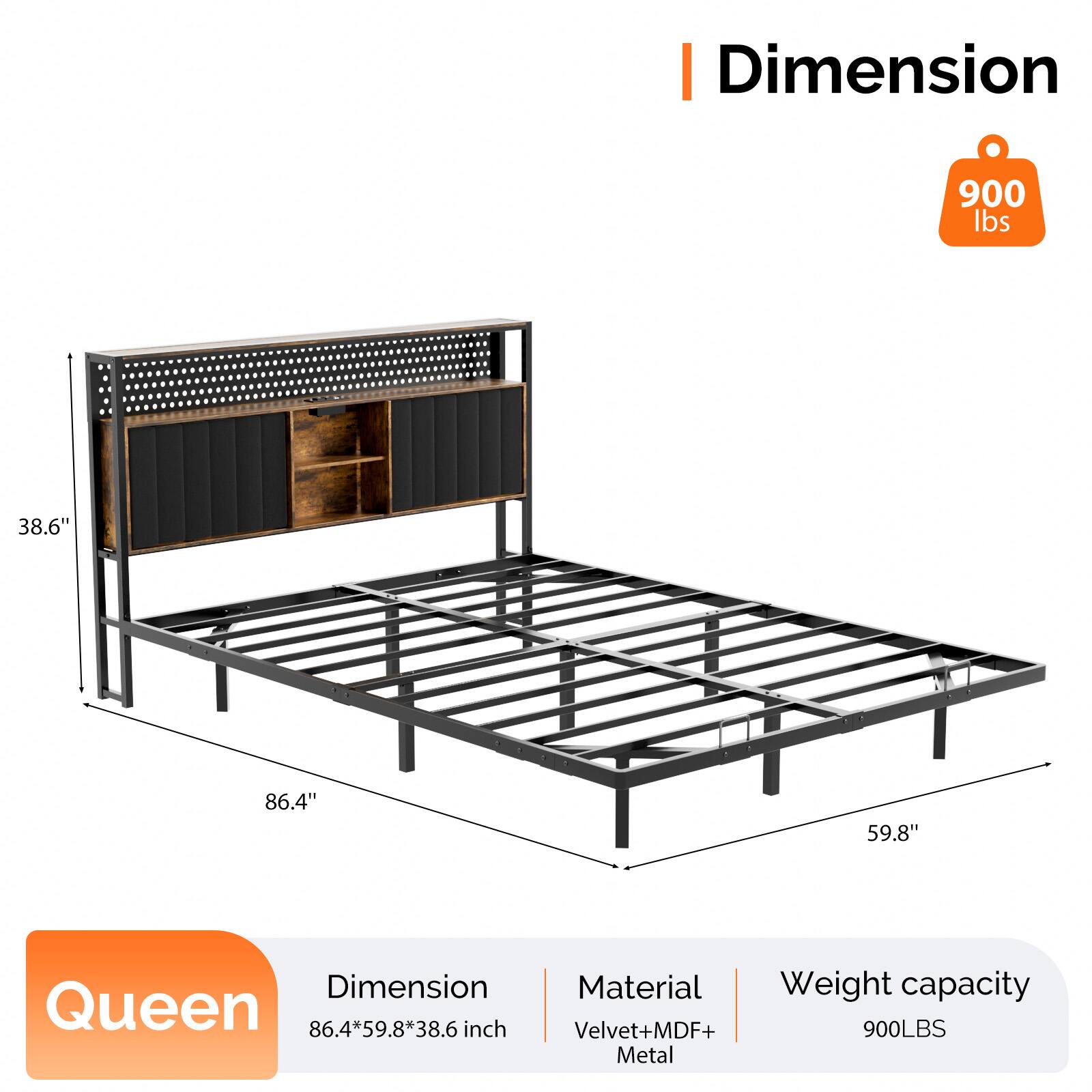 - Dimension: 86.4" x 59.8" x 38.6"
- Material: Velvet + MDF + Metal
- Weight capacity: 900 lbs
- Size: Queen