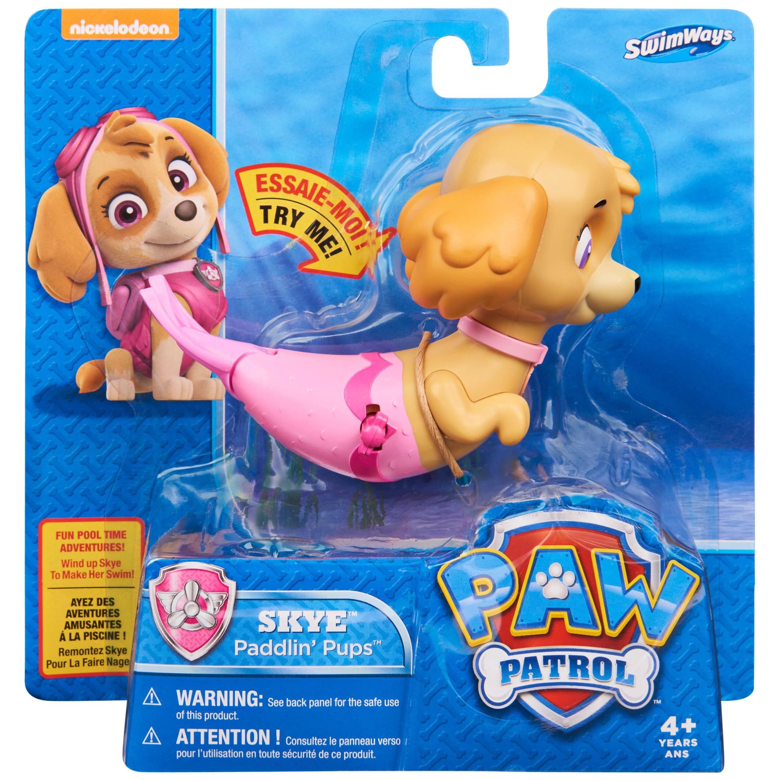 nickelodeon SwimWays.  
ESSAIE-MOI! TRY ME!  
FUN POOL TIME ADVENTURES!  
Wind up Skye To Make Her Swim!  
AYEZ DES AVENTURES AMUSANTES À LA PISCINE ! Remontez Skye Pour La Faire Nager  
SKYE Paddlin' Pups  
PAW PATROL  
WARNING: See back panel for the safe use of this product.  
ATTENTION! Consultez le panneau verso pour l'utilisation en toute sécurité de ce produit.  
4+ YEARS / 4+ ANS
