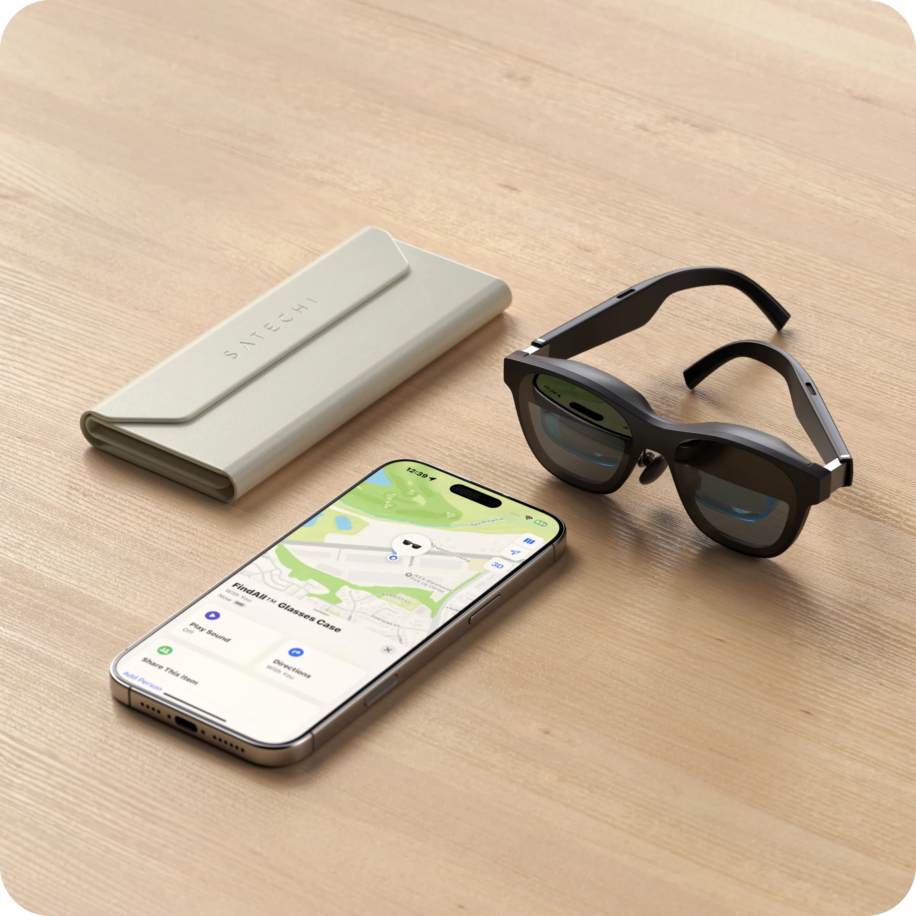 Sure, here is the corrected and grouped text from the image:

- SATECHI
- Find My Glasses Case
  - Play Sound
  - Shake This Item
  - Directions