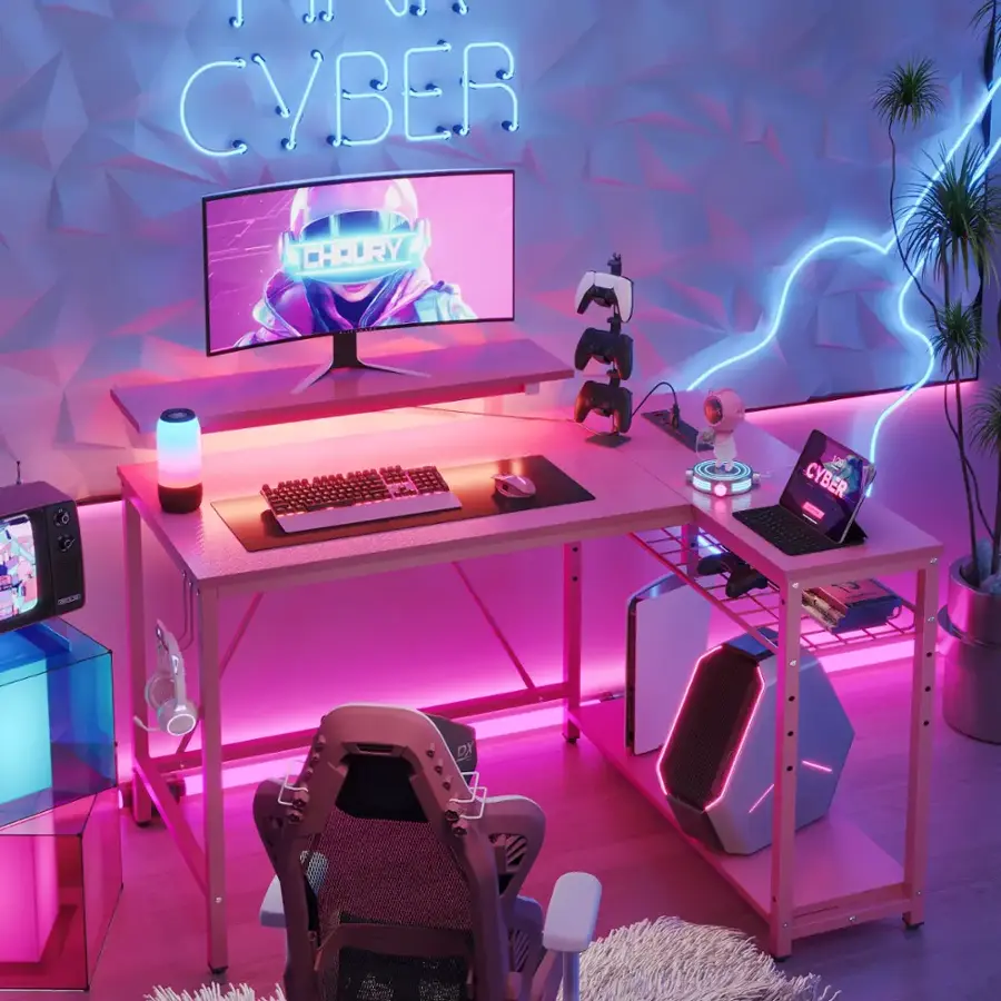 Pdcf Desk Bestier L Shaped Gaming Desk with Power Outlets LED Lights and ...
