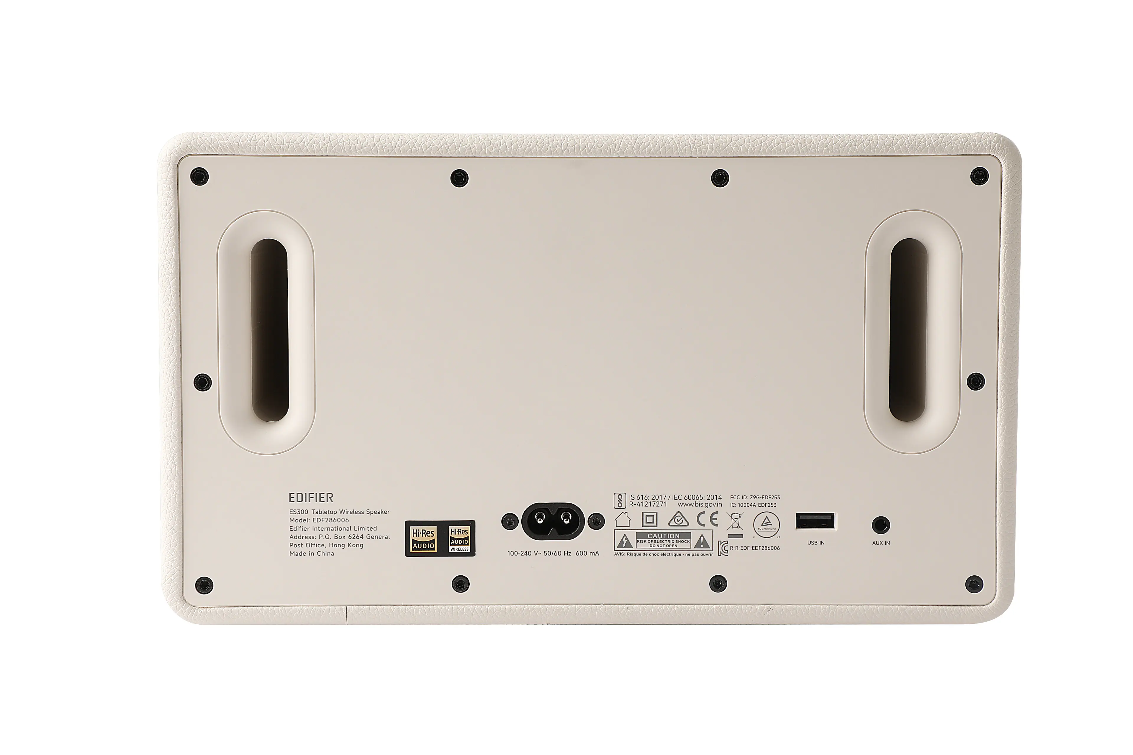 EDIFIER ES500 Tabletop Wireless Speaker Model: EDF286006 Limited Address: P.O. Box 6264 General Post Office, Hong Kong Made in China HiRes AUDIO HiRes AUDIO 100-240 V - 50/60 Hz 600 mA IS0 2017/IEC 60065:2014 FCC ID: EDF286006 UL: R-41217271 www.bis.gov.in CE CAUTION -dCa ...oo -C200 - K - i - - ULE I A.