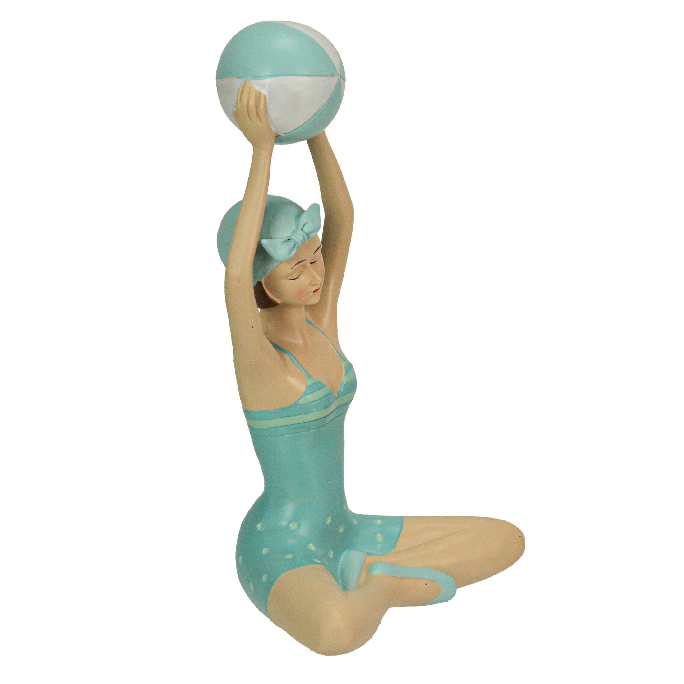 Alt View 1. Fancy That - Retro Bathing Beauty Beach Girl With Ball Sage Green Polka Dot Swimsuit Figurine - Aqua.