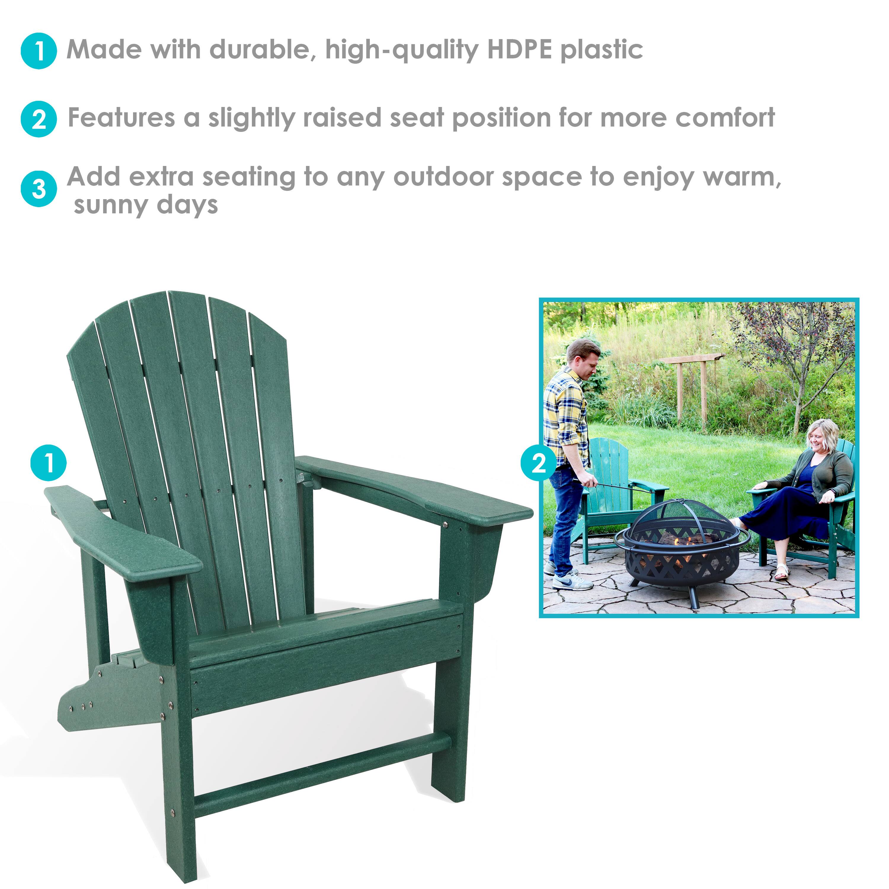 1. Made with durable, high-quality HDPE plastic  
2. Features a slightly raised seat position for more comfort  
3. Add extra seating to any outdoor space to enjoy warm, sunny days