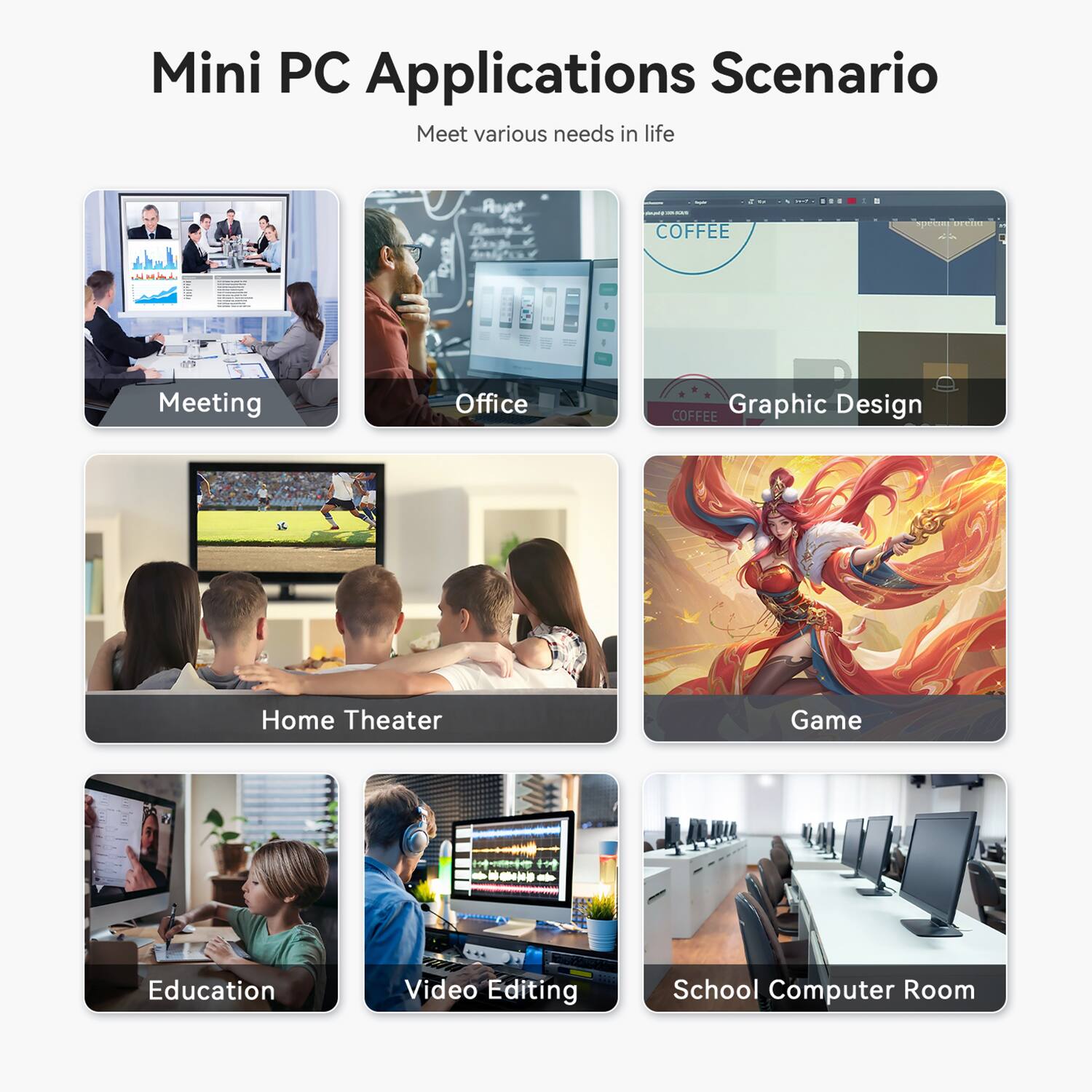 Mini PC Applications Scenario  
Meet various needs in life!  

- Meeting  
- Office  
- Graphic Design  
- Home Theater  
- Game  
- Education  
- Video Editing  
- School Computer Room