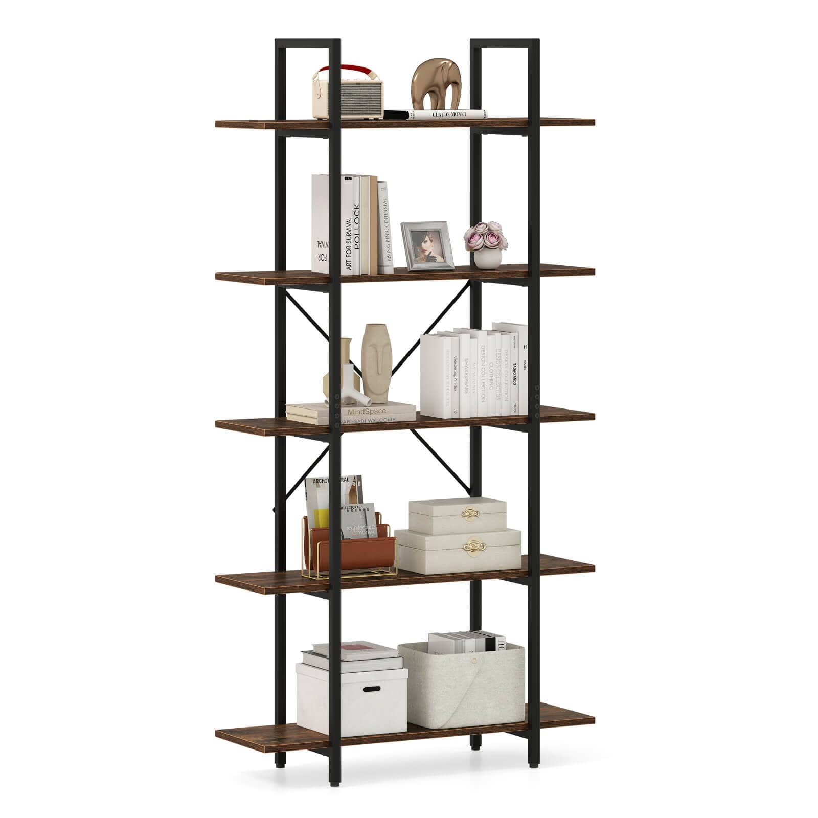 Costway - 1 PCS 5-Tier Bookshelf 62" Tall Vintage Industrial Bookcase with Open Storage Shelves - Rustic Brown,Black