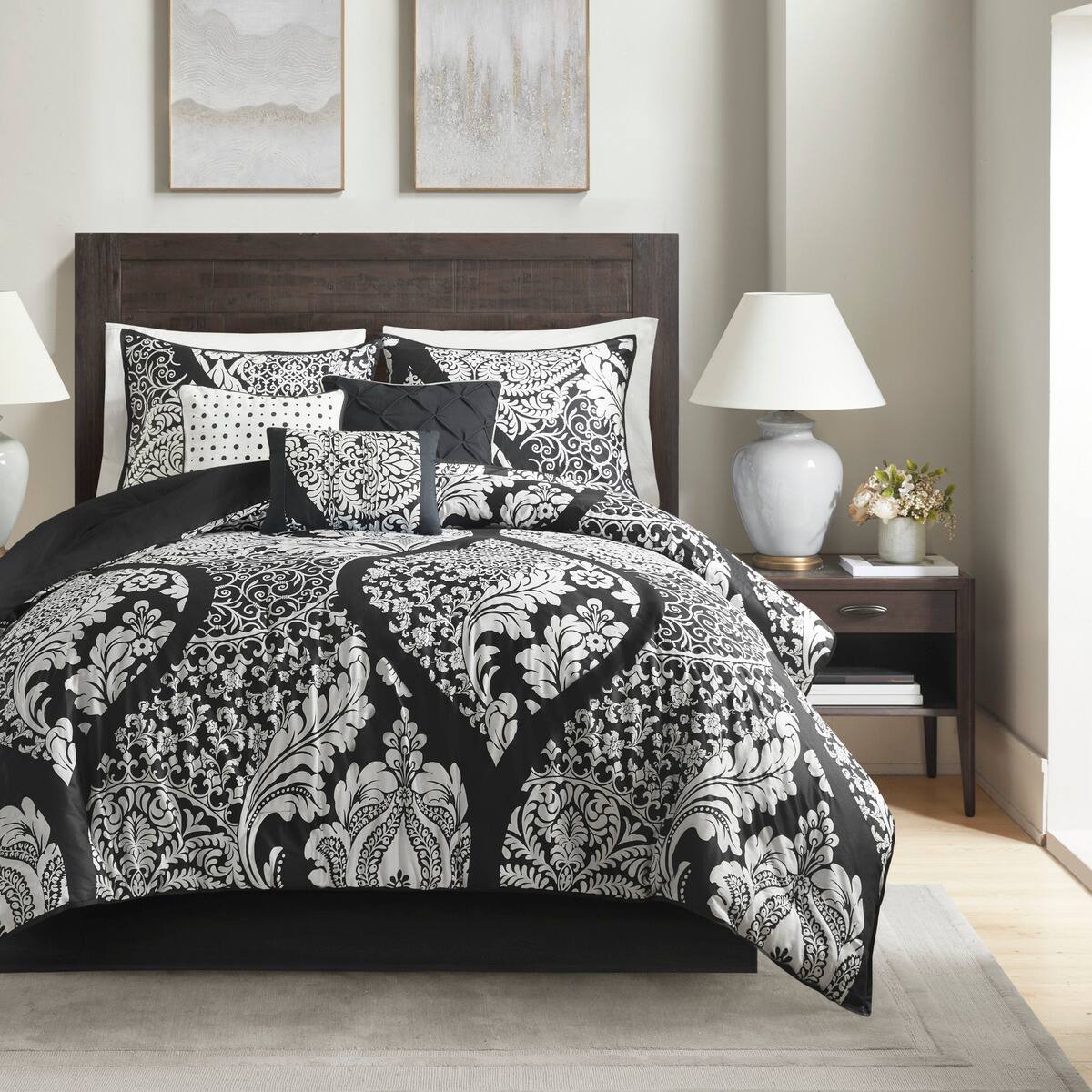 Alt View 1. TinyHomie - 7 Piece Cotton Printed Comforter Set Black King - Black.