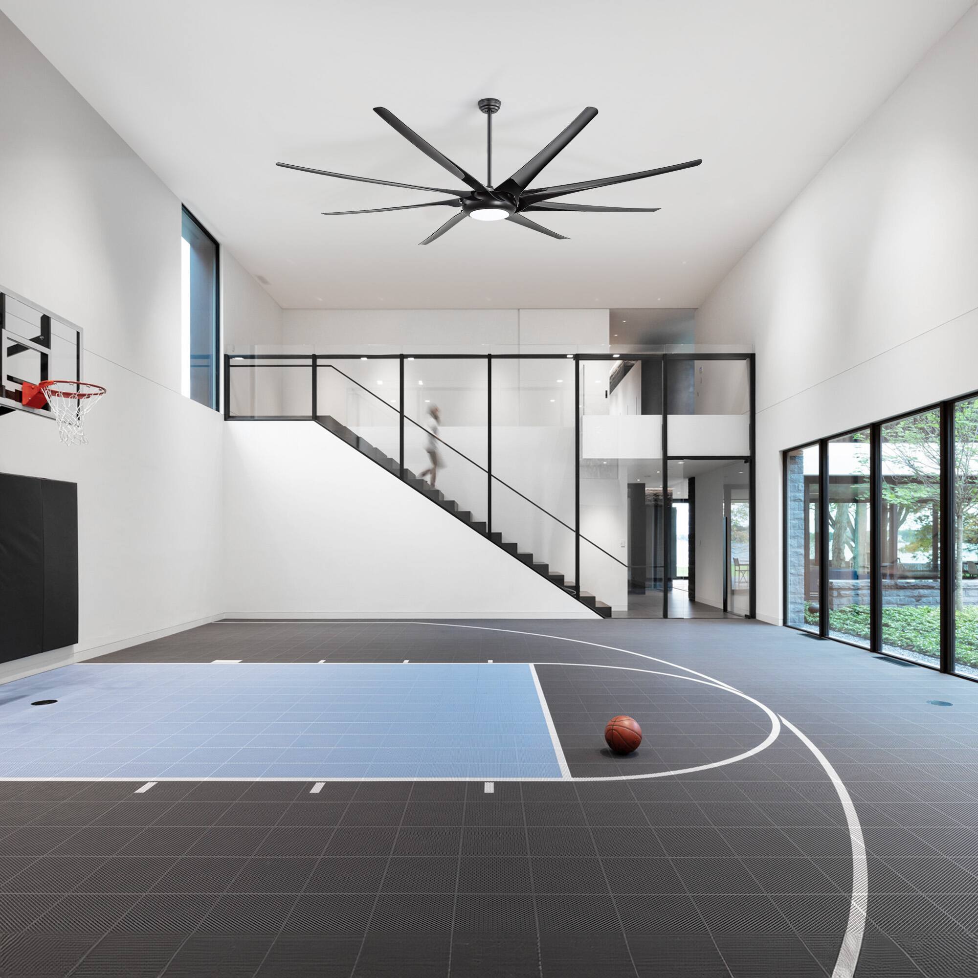 Alt View 2. Breezary - 100 Inch Large HVLS Commercial Ceiling Fan, 8 ABS Blades, DC Motor, 6-Speed Remote, 12/24/36'' Downrods, LED/No Light - Black (With Light).