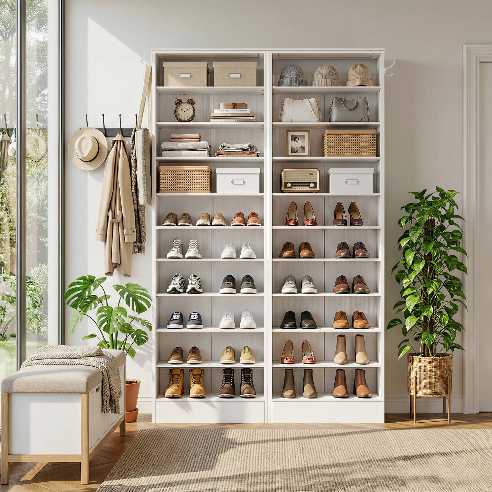 Alt View 2. Aheaplus - 79.5'' Tall 10-Tier Freestanding Wooden Shoe Rack Tower with 2 Hooks, 2 Packs - White.