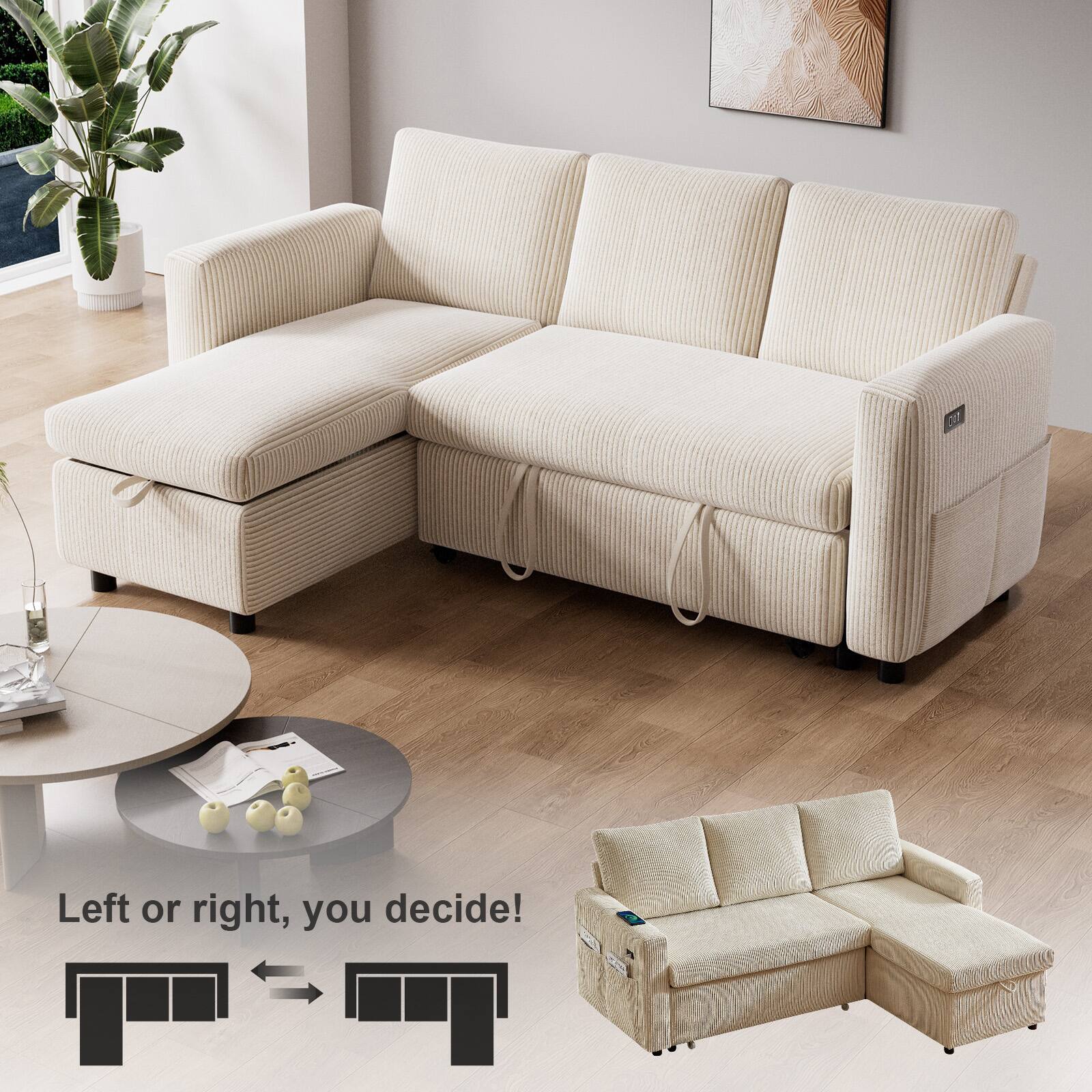 Alt View 5. Vipbear - 81" L Shaped Sleeper Sofa Bed with Pull Out Bed Reclining Backrest, Storage Chaise, USB Ports, Tool-Free Assembly - Beige.
