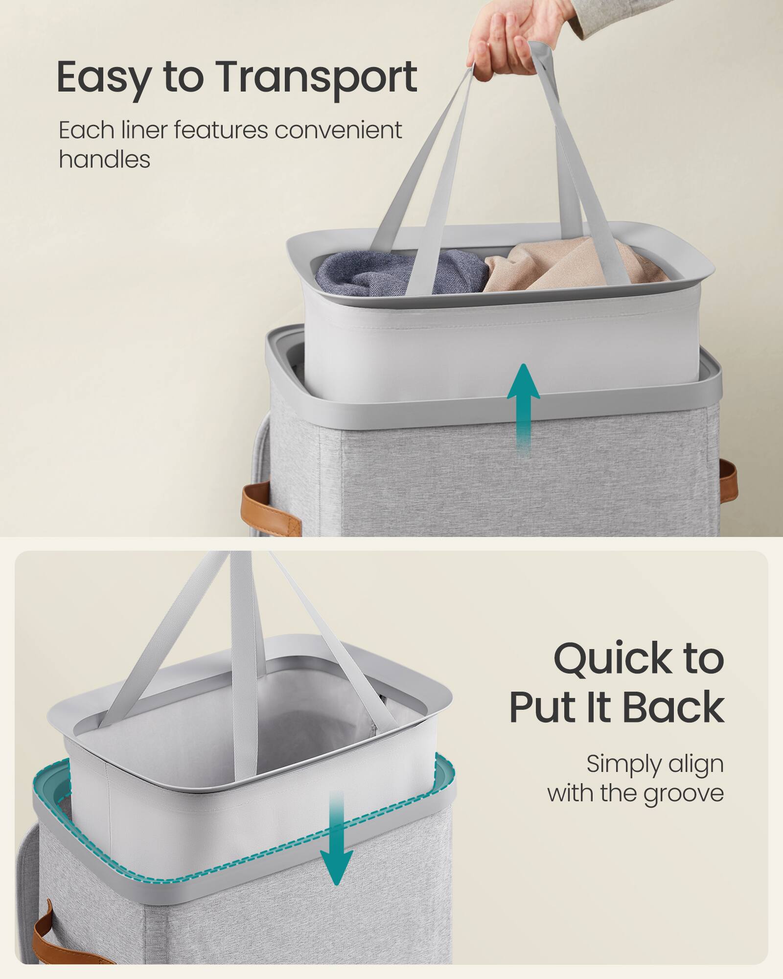 Easy to Transport  
Each liner features convenient handles

Quick to Put It Back  
Simply align with the groove