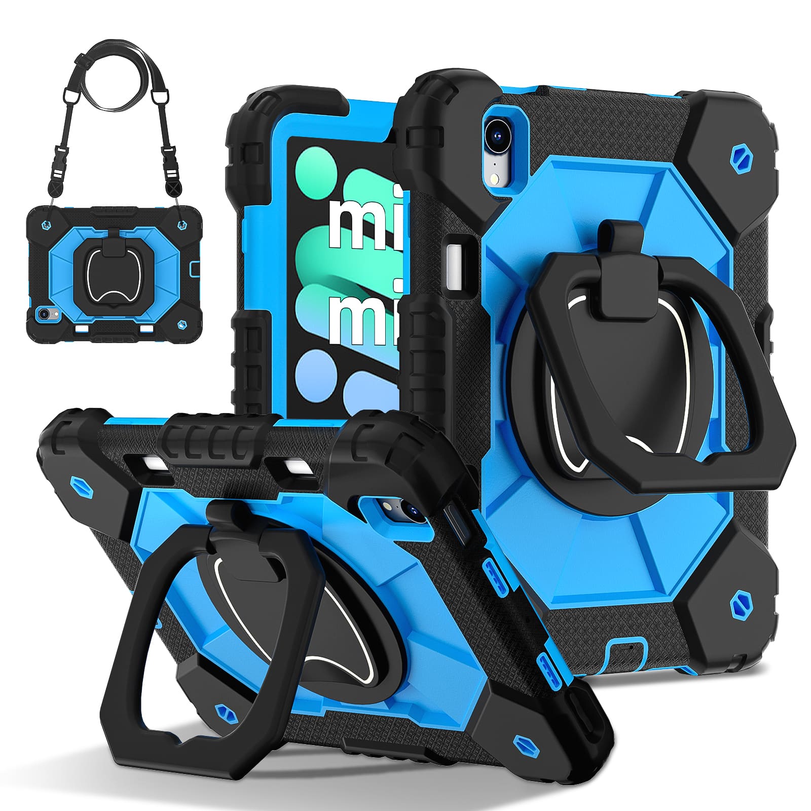 UUCOVER - Rugged Protective Case for iPad mini A17 Pro 8.3-inch/iPad mini 6 360° Rotating Stand Hand Grip Cover+Shoulder Strap - Black+Blue price history on PriceWatchPro