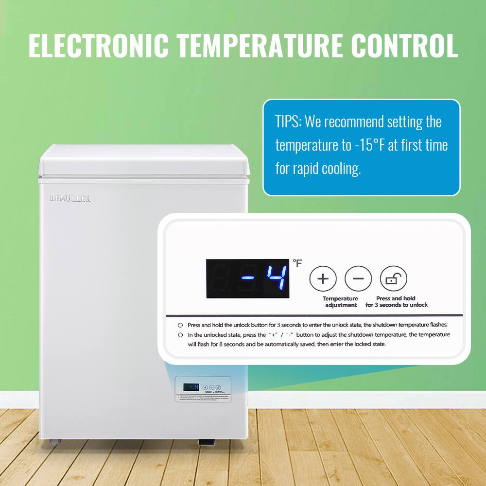 ELECTRONIC TEMPERATURE CONTROL TIPS: We recommend setting the temperature to -15°F at first time for rapid cooling. DEMULLER F + - Temperature Press and hold adjustment for 3 seconds to unlock. Press and hold the unlock button for 3 seconds to enter the unlock state. The shutdown temperature flashes in the unlocked state. Press the "+" or "-" button to adjust the shutdown temperature, the temperature will flash for 8 seconds and be automatically saved, then enter the locked state.