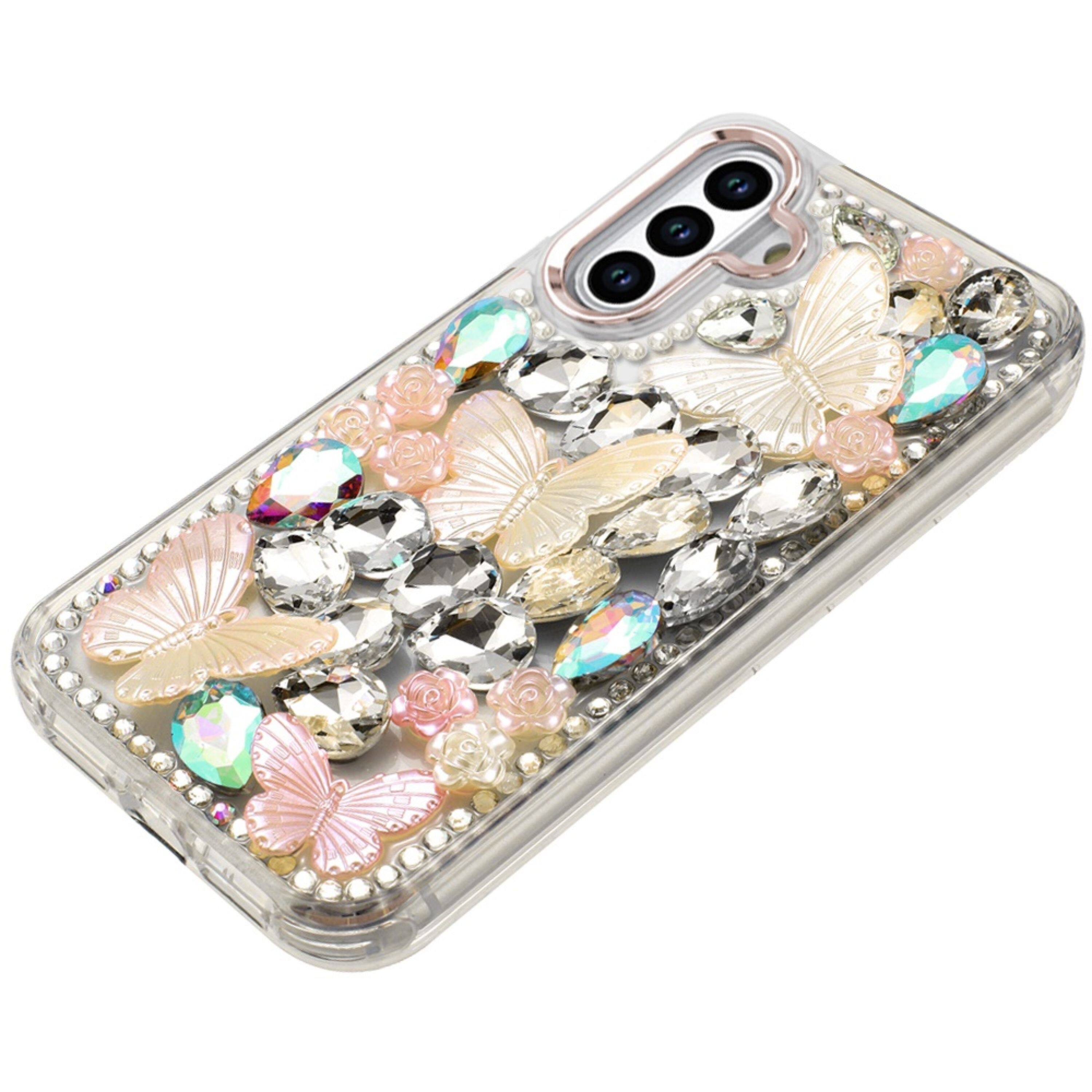 Angle. Kitcheniva - Bling Diamond Large Butterflies Cover Plus Tempered Glass For Samsung S25 FE Rose Gold - Rose Gold.