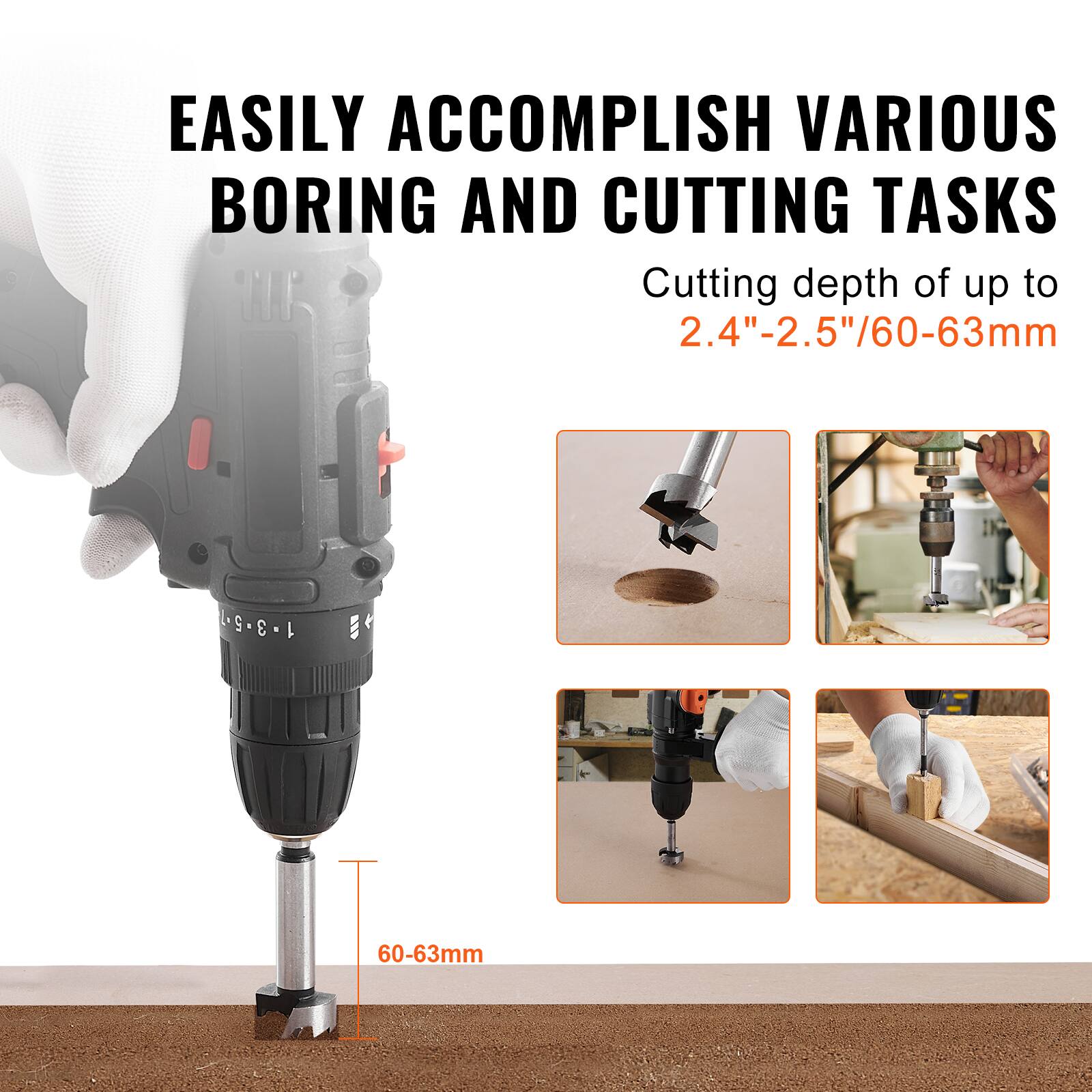 EASILY ACCOMPLISH VARIOUS BORING AND CUTTING TASKS

Cutting depth of up to 2.4"-2.5"/60-63mm

60-63mm