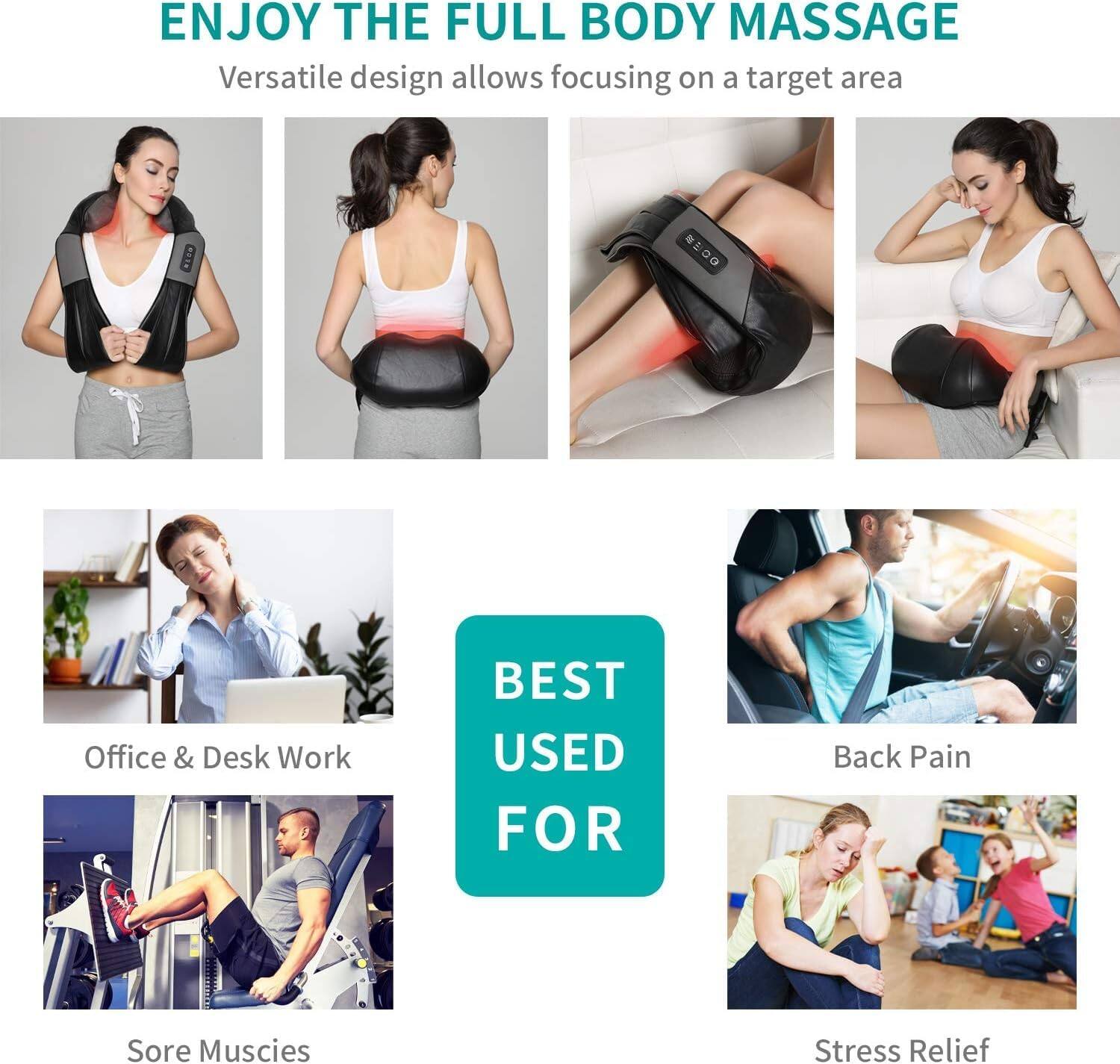 ENJOY THE FULL BODY MASSAGE Versatile design allows focusing on a target area

BEST USED FOR
Office & Desk Work
Back Pain
Sore Muscles
Stress Relief