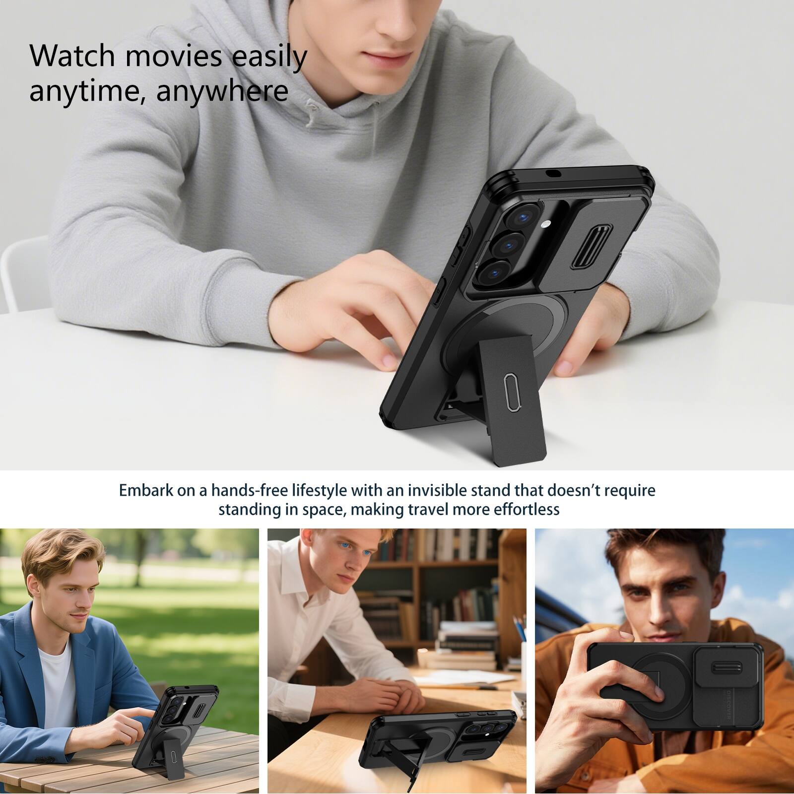 Watch movies easily anytime, anywhere

Embark on a hands-free lifestyle with an invisible stand that doesn't require standing in space, making travel more effortless