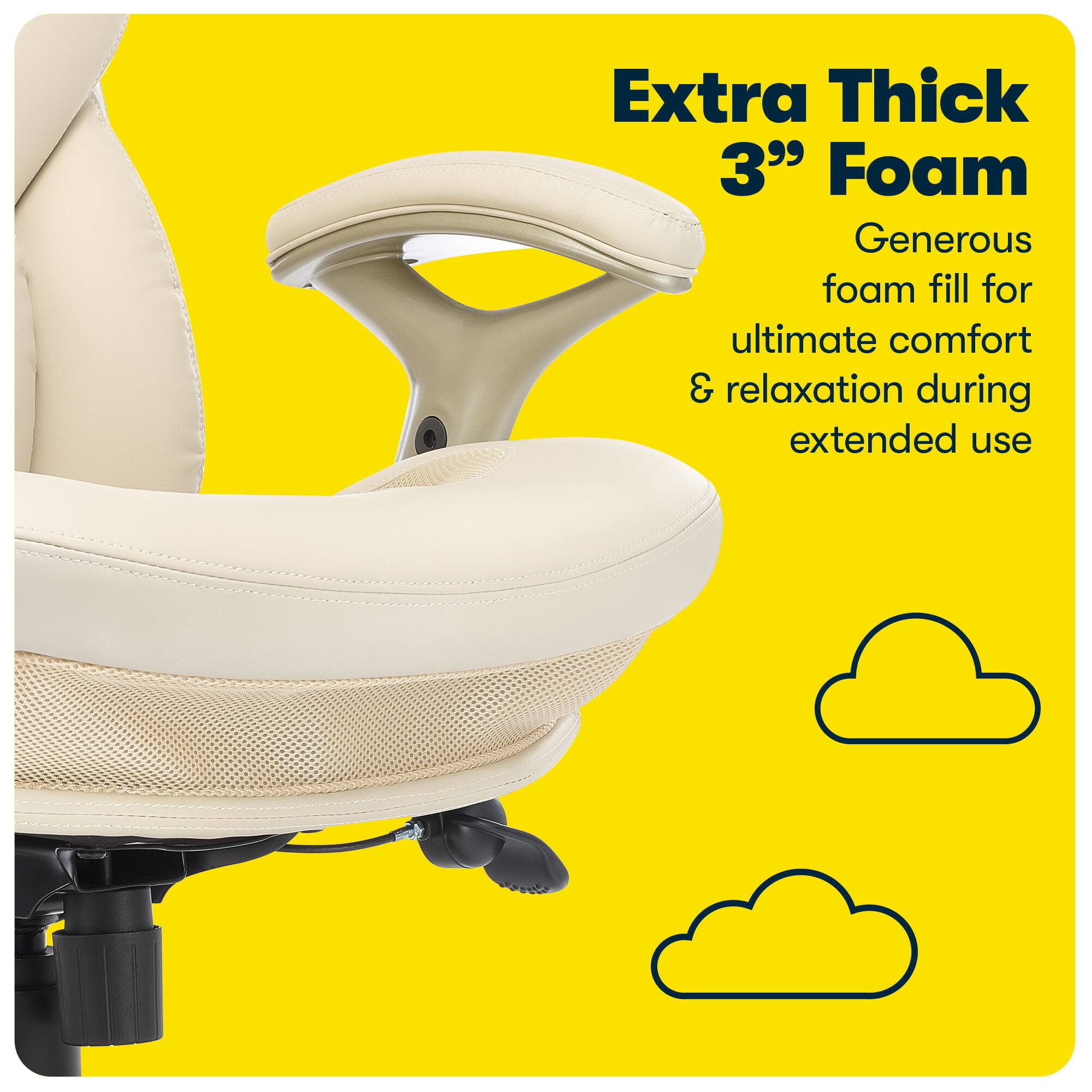 The image features a white chair with a thick cushion, which is described as having extra thick 3" foam. The chair is designed for ultimate comfort and relaxation during extended use.