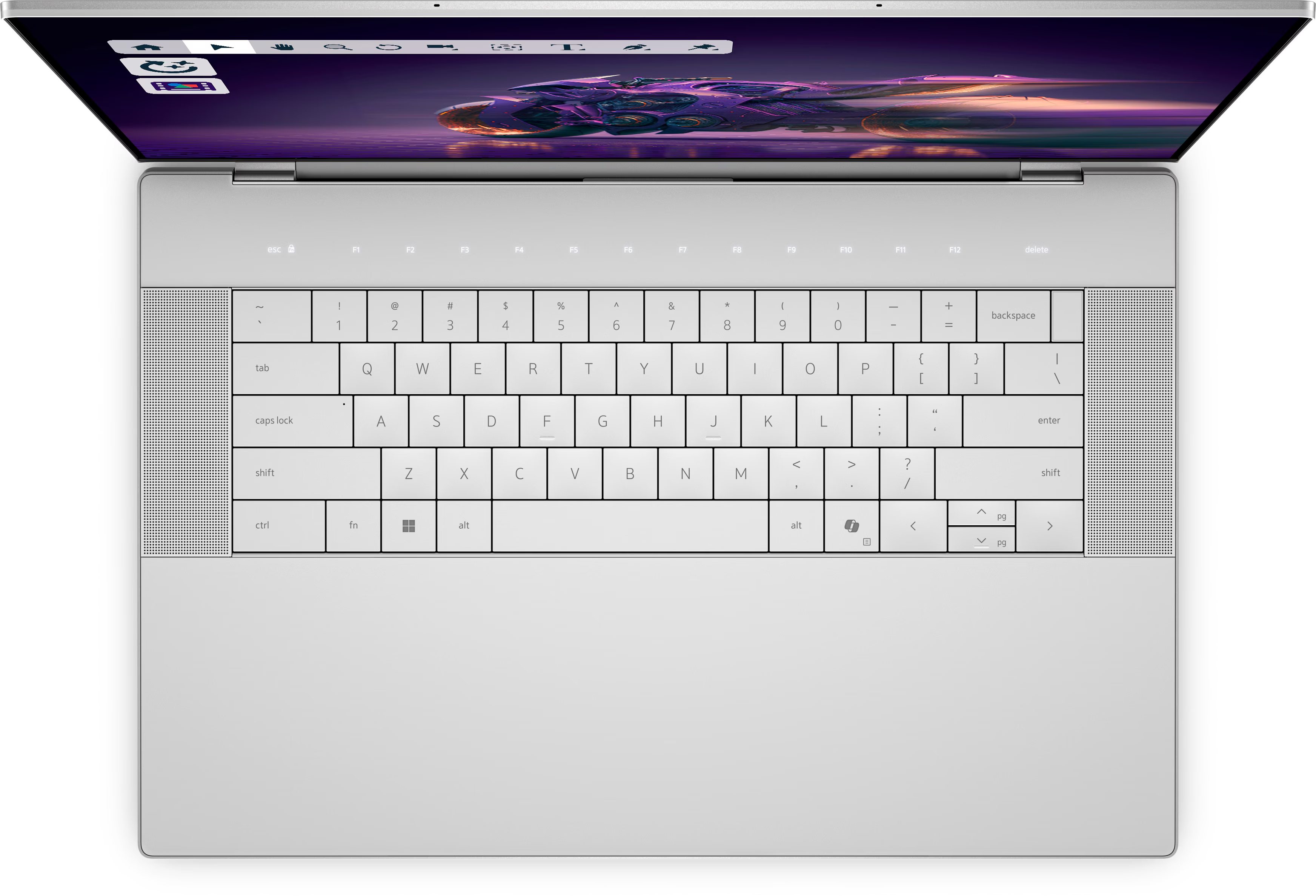 - ESC
- F1
- F2
- F3
- F4
- F5
- F6
- F7
- F8
- F9
- F10
- delete

- tab
- Q
- W
- E
- R
- T
- Y
- U
- I
- O
- P
- backspace

- caps lock
- A
- S
- D
- F
- G
- H
- J
- K
- L
- enter

- shift
- Z
- X
- C
- V
- B
- N
- M
- < >
- ? /
- shift

- ctrl
- fn
- alt
- alt
