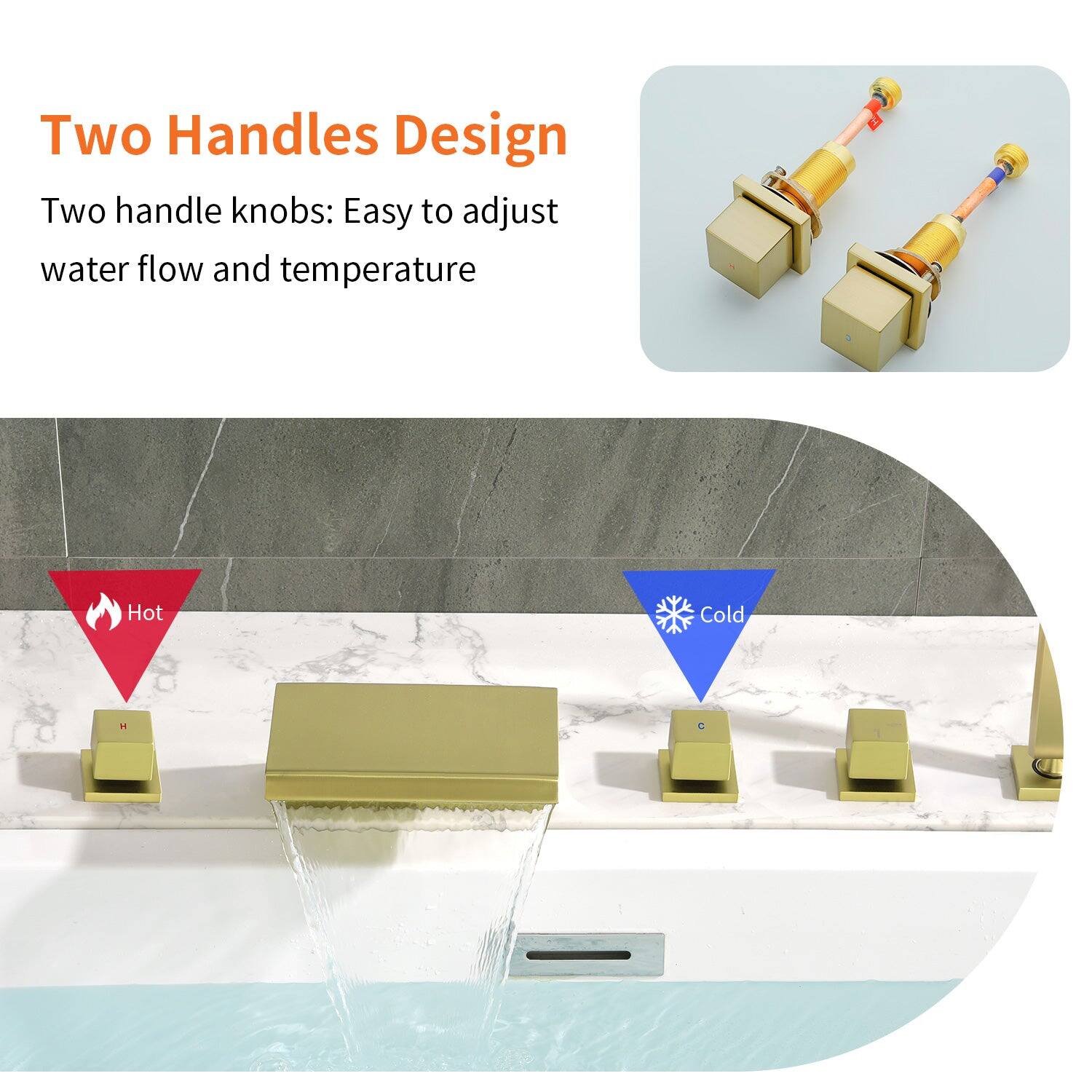 Two Handles Design

Two handle knobs: Easy to adjust water flow and temperature

Hot

Cold