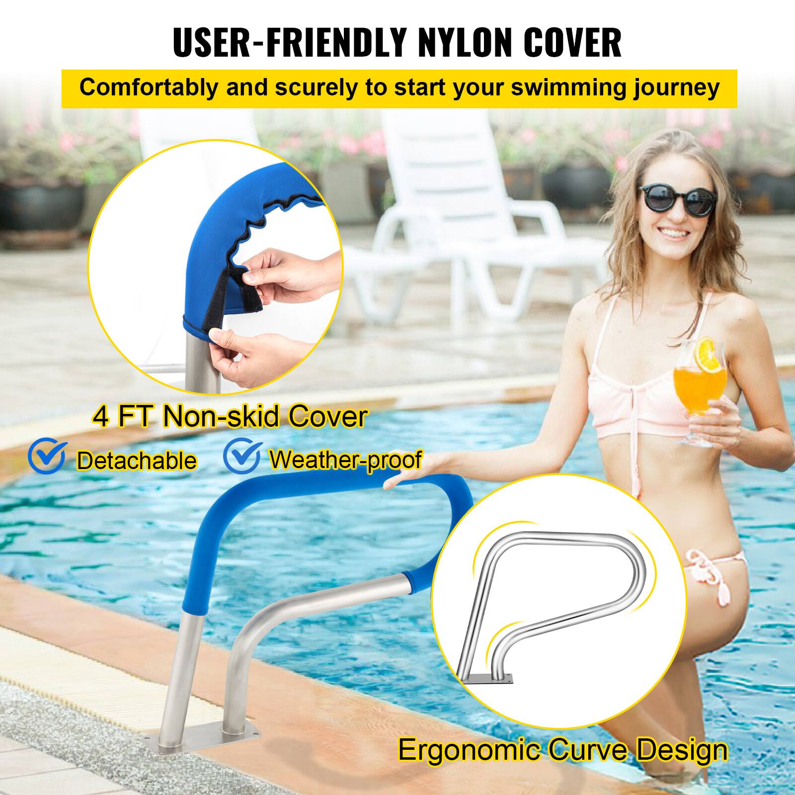 USER-FRIENDLY NYLON COVER  
Comfortably and securely to start your swimming journey  

4 FT Non-skid Cover  
✓ Detachable  
✓ Weather-proof  

Ergonomic Curve Design