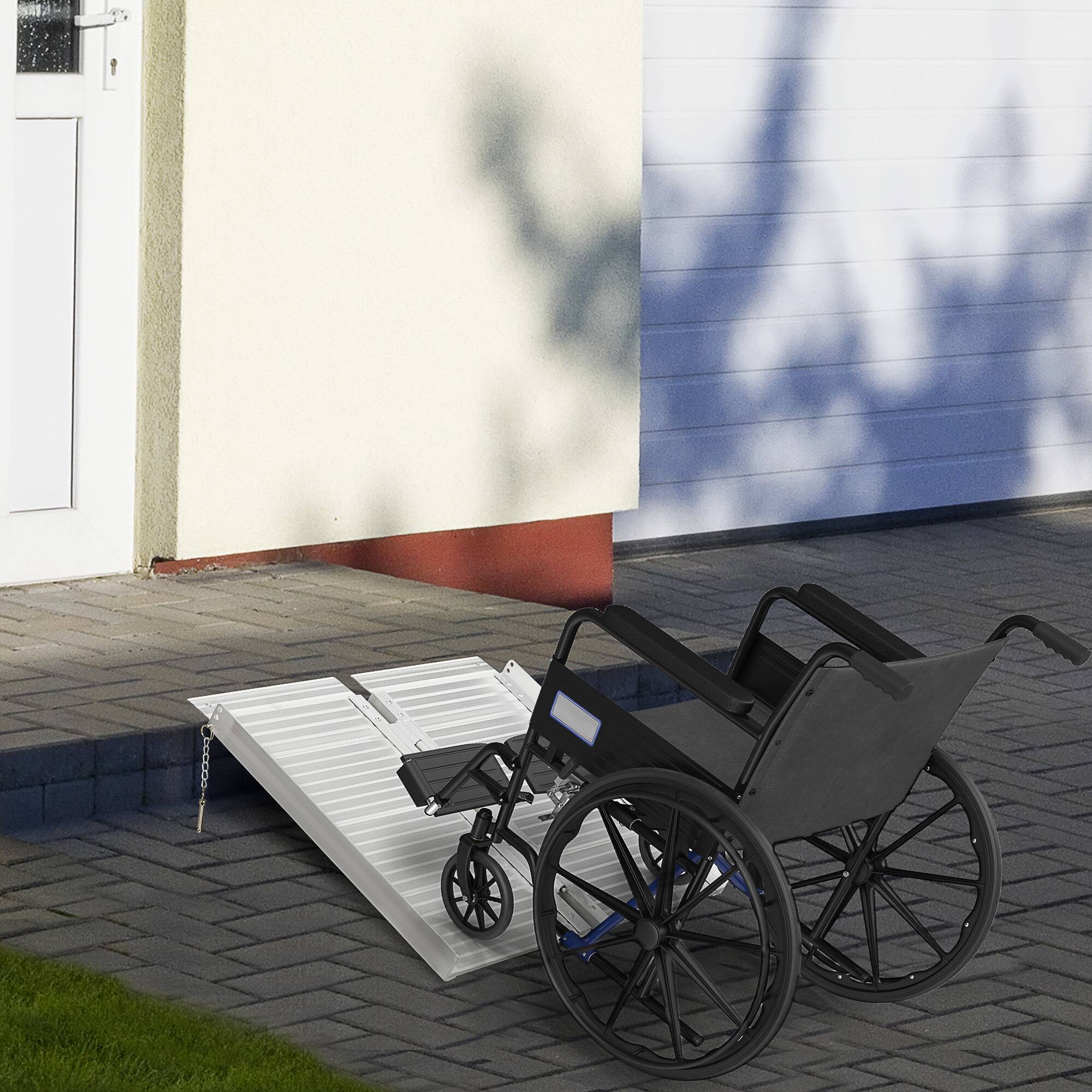 Angle. Homcom - Wheelchair Ramp 2FT, FSA HSA Eligible Foldable Aluminum Threshold Ramp with Non-Slip Surface and Handle - Silver.