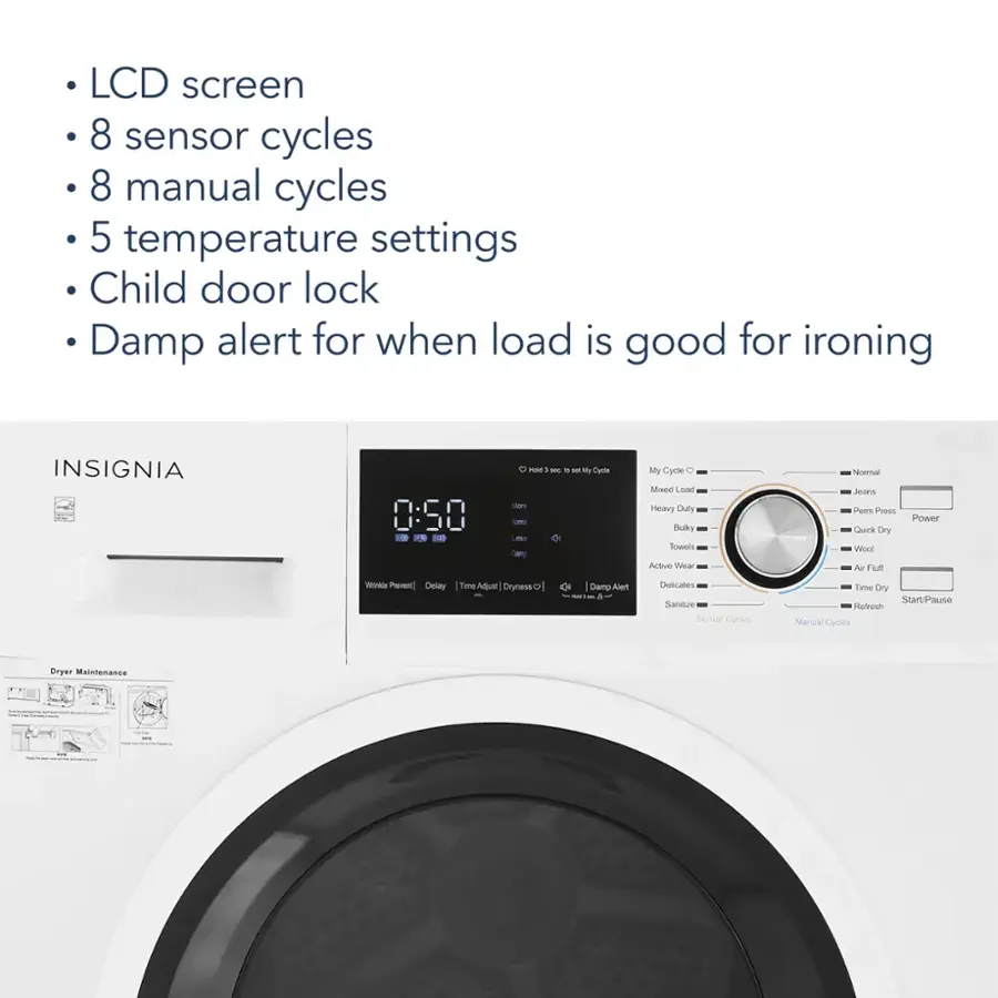 LCD screen, 8 sensor cycles, 8 manual cycles, 5 temperature settings, Child door lock, Damp alert for when load is good for ironing.
