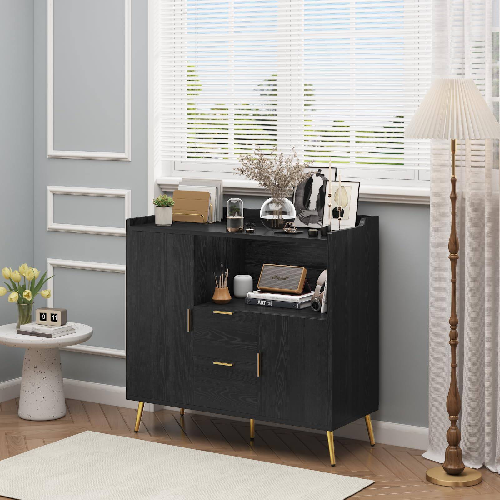 Alt View 1. Jojoka - 40" Sideboard Buffet Cabinet with Drawers, Shelves & Doors, Modern Coffee Bar Station - Black.