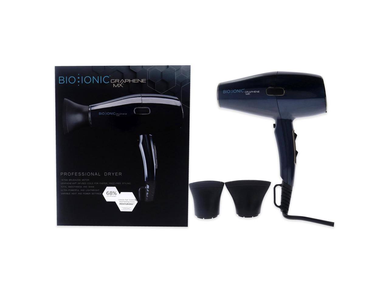 BIO:IONIC GRAPHENE MX  
PROFESSIONAL DRYER  
1875W BRUSHLESS MOTOR  
GRAPHENE MX INFUSED COLLECTOR FOR FASTER, PIN-TO-HEART STYLING  
ULTRA-POWERFUL AND LIGHTWEIGHT  
VARIABLE HEAT AND POWER SETTINGS  
68% LESS HAIR DAMAGE  
MOISTURE-LOCKED™  

BIO:IONIC GRAPHENE MX  
PROFESSIONAL DRYER  
1875W BRUSHLESS MOTOR  
GRAPHENE MX INFUSED COLLECTOR FOR FASTER, PIN-TO-HEART STYLING  
ULTRA-POWERFUL AND LIGHTWEIGHT  
VARIABLE HEAT AND POWER SETTINGS  
68% LESS HAIR DAMAGE  
MOISTURE-LOCKED™