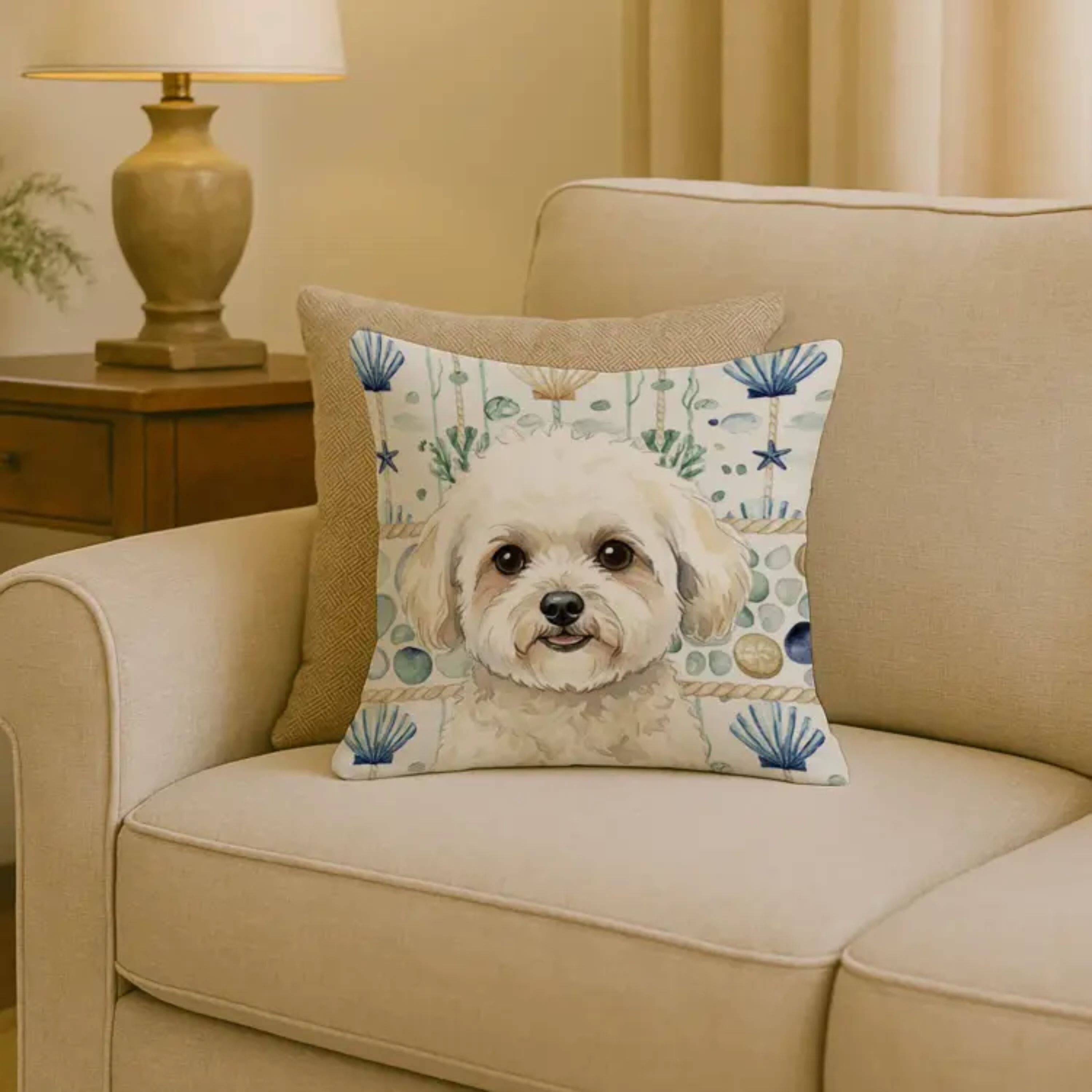 Angle. Kitcheniva - 18" x 18" Coastal Sea Design Throw Pillow Home Decor Bichon Frise White And Cream - Multicolor.