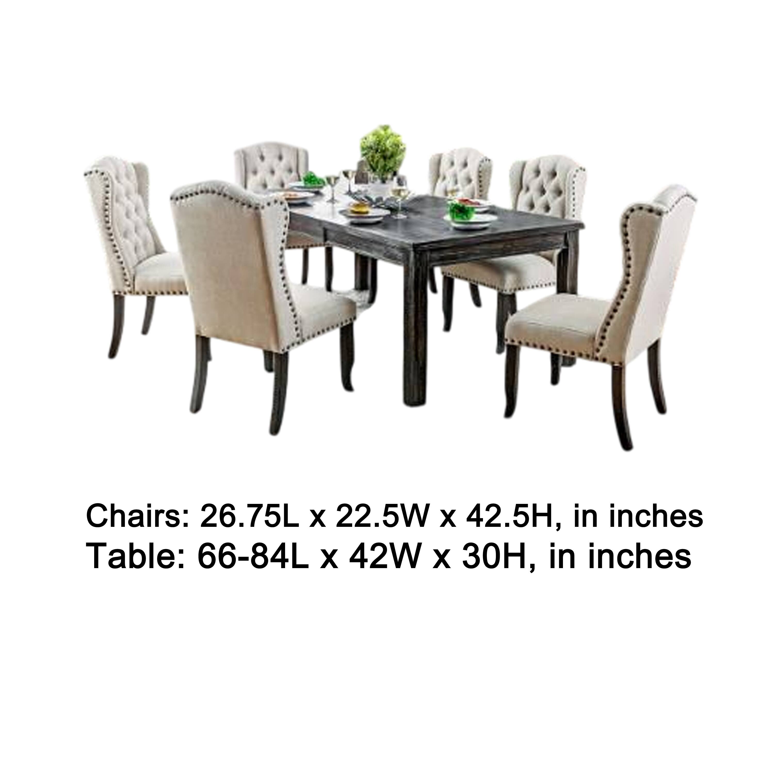 Chairs: 26.75L x 22.5W x 42.5H, in inches  
Table: 66-84L x 42W x 30H, in inches