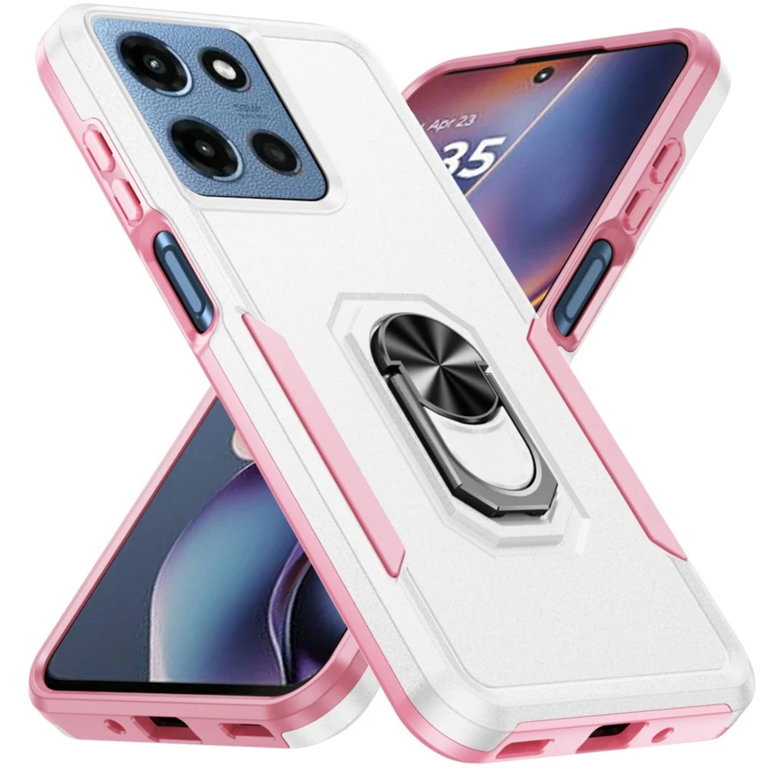 Left. Kitcheniva - Hard Outer Shell Soft Inner Rubber Phone Case With Metal Ring Stand Tempered Glass For Moto G 2025/2026/ Play 2026 White - White.