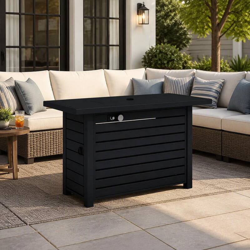 Alt View 1. RYHNUYNE - Outdoor Fire Pit Table, 42"W x 20" H Black Steel Rectangular Patio Fire Table with Lid for Backyard Garden - Black.