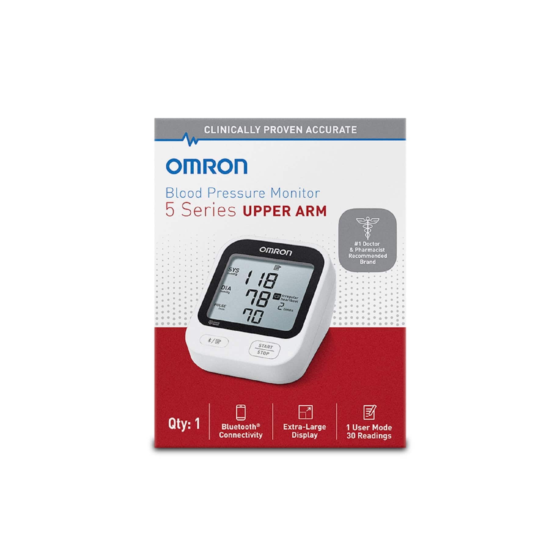 Clinically proven accurate Omron Blood Pressure Monitor 5 Series Upper Arm. Omron SYS I 18 DVA 78 SA Pcar 70 4/R START S70F #1 Doctor & Pharmacist Recommended Brand. Qty: 1. Bluetooth. Extra-large connectivity display. 1 user mode. 30 readings.