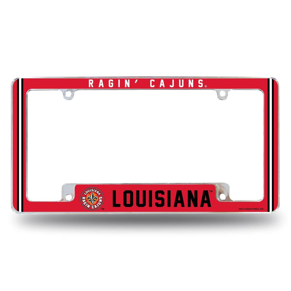 Louisiana Lafayette Ragin' Cajuns Chrome Metal License Plate Frame with Full Frame Team Color Graphics