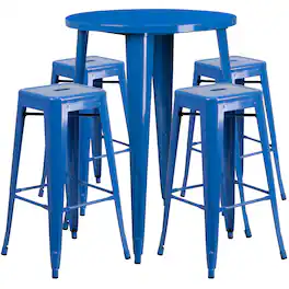 Emma + Oliver - Commercial Grade 30" Round Metal Indoor-Outdoor Bar Table Set, 4 Backless Stools - Blue