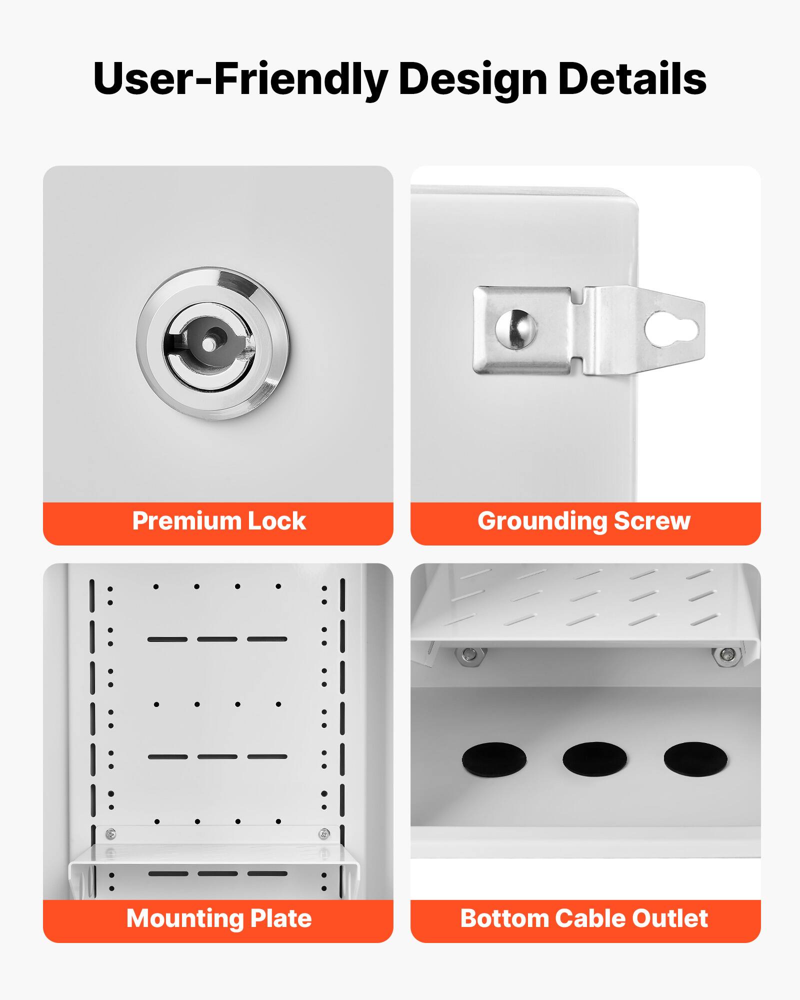 User-Friendly Design Details

- Premium Lock
- Grounding Screw
- Mounting Plate
- Bottom Cable Outlet
