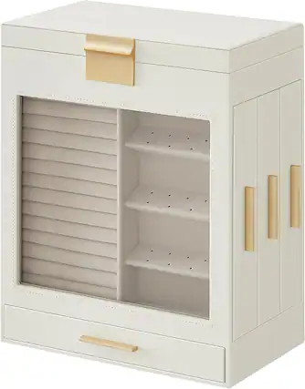 Front. Songmics Home - 5-Layer Modern Jewelry Organizer with 3 Side Drawers and Large Mirror - Cloud White and Metallic Gold - White.