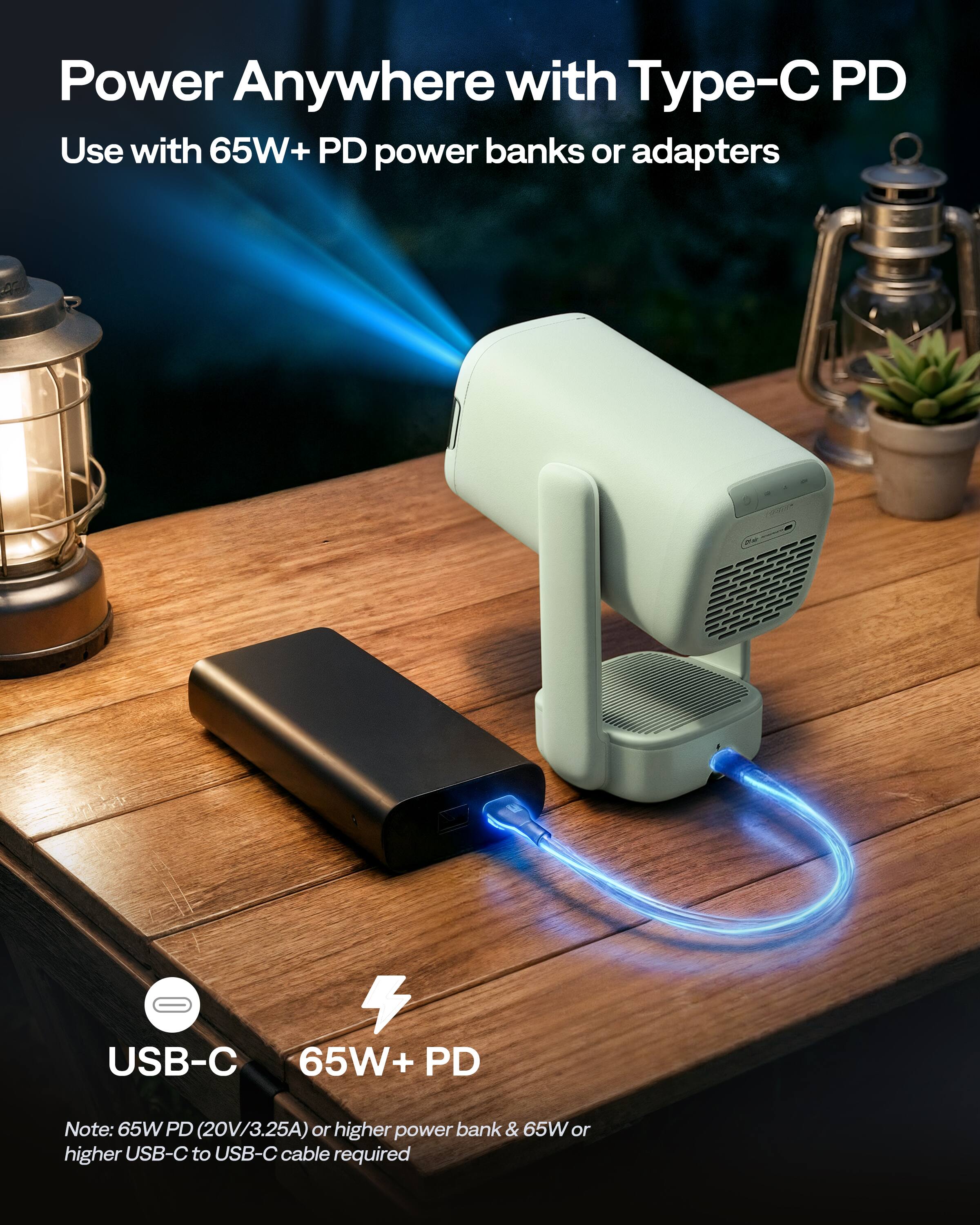 Power Anywhere with Type-C PD  
Use with 65W+ PD power banks or adapters  

USB-C  
65W+ PD  

Note: 65W PD (20V/3.25A) or higher power bank & 65W or higher USB-C to USB-C cable required